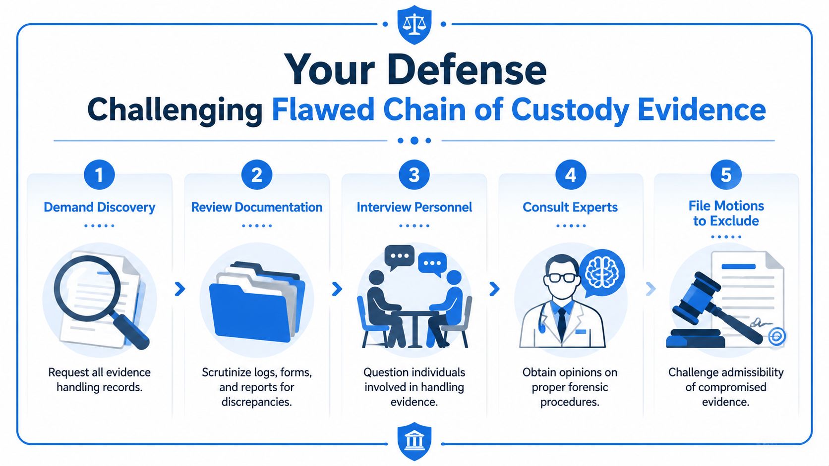 A five-step guide on challenging flawed chain of custody evidence in a legal defense strategy.