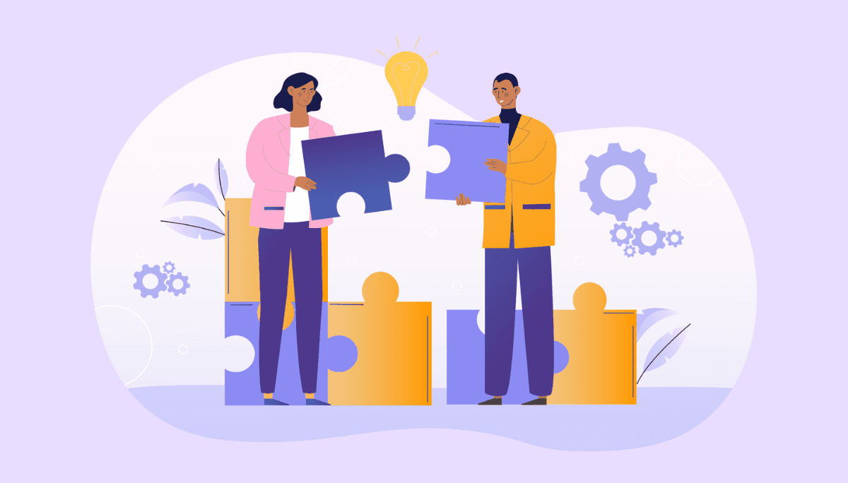 Illustration of two professionals connecting puzzle pieces under a glowing light bulb.