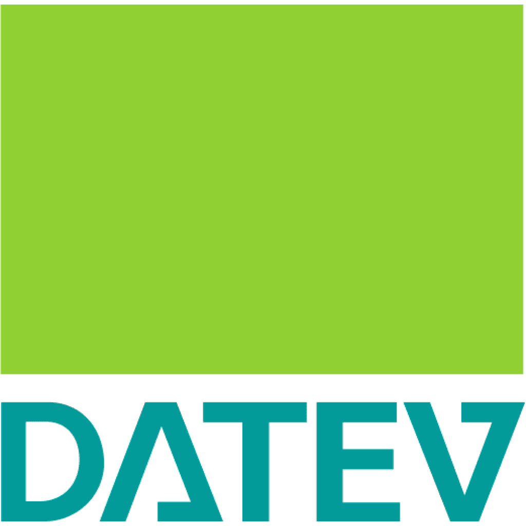 Logo of DATEV featuring a bright green top section and turquoise text at the bottom.