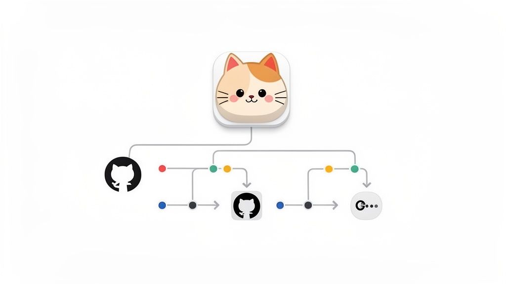 A cute cat app icon connected to a branching workflow diagram showing integration with GitHub.