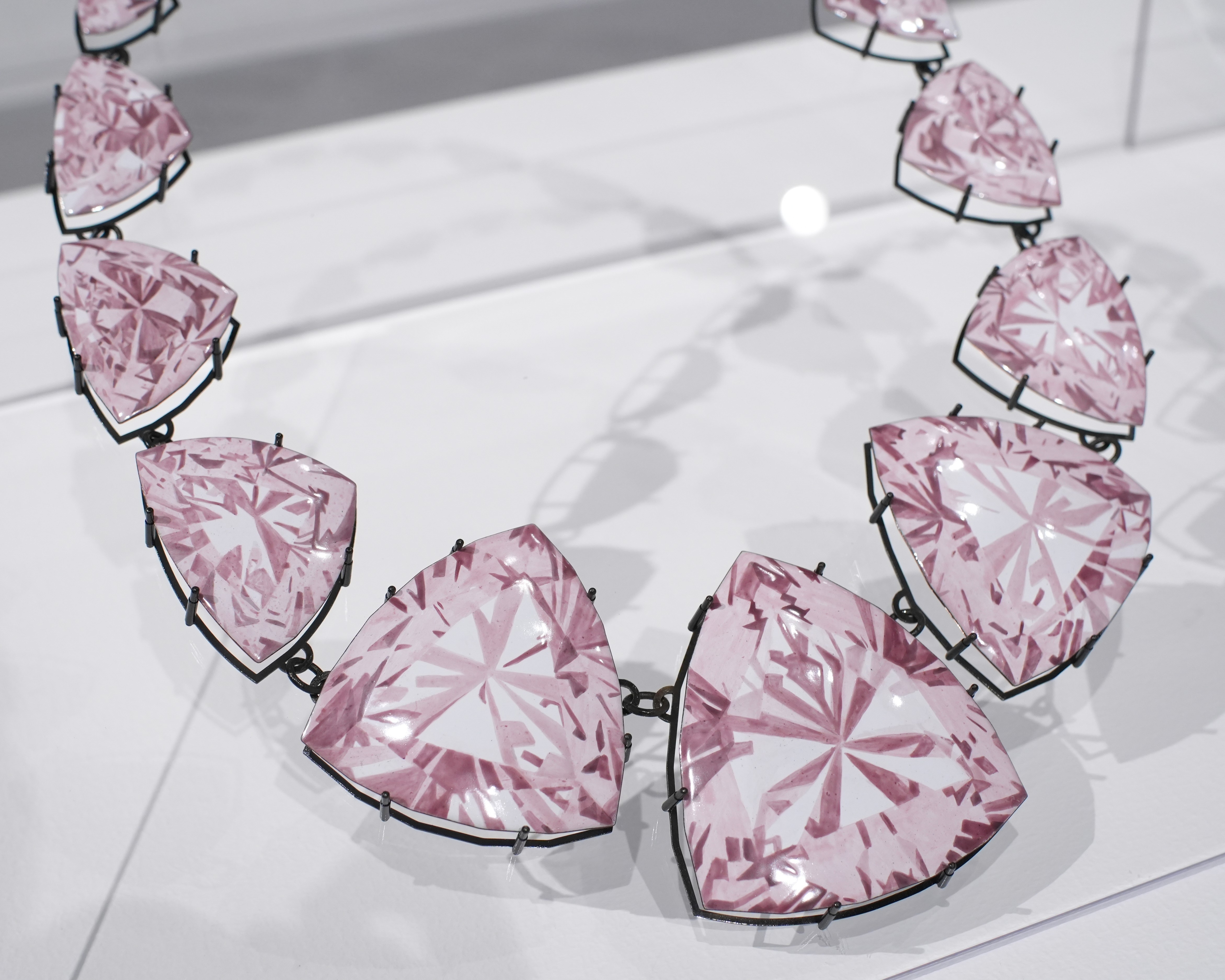 Close up of Gem by Yuxin Song, painted enamel on copper, contemporary jewelry necklace, selected for SCHMUCK 2026 Munich