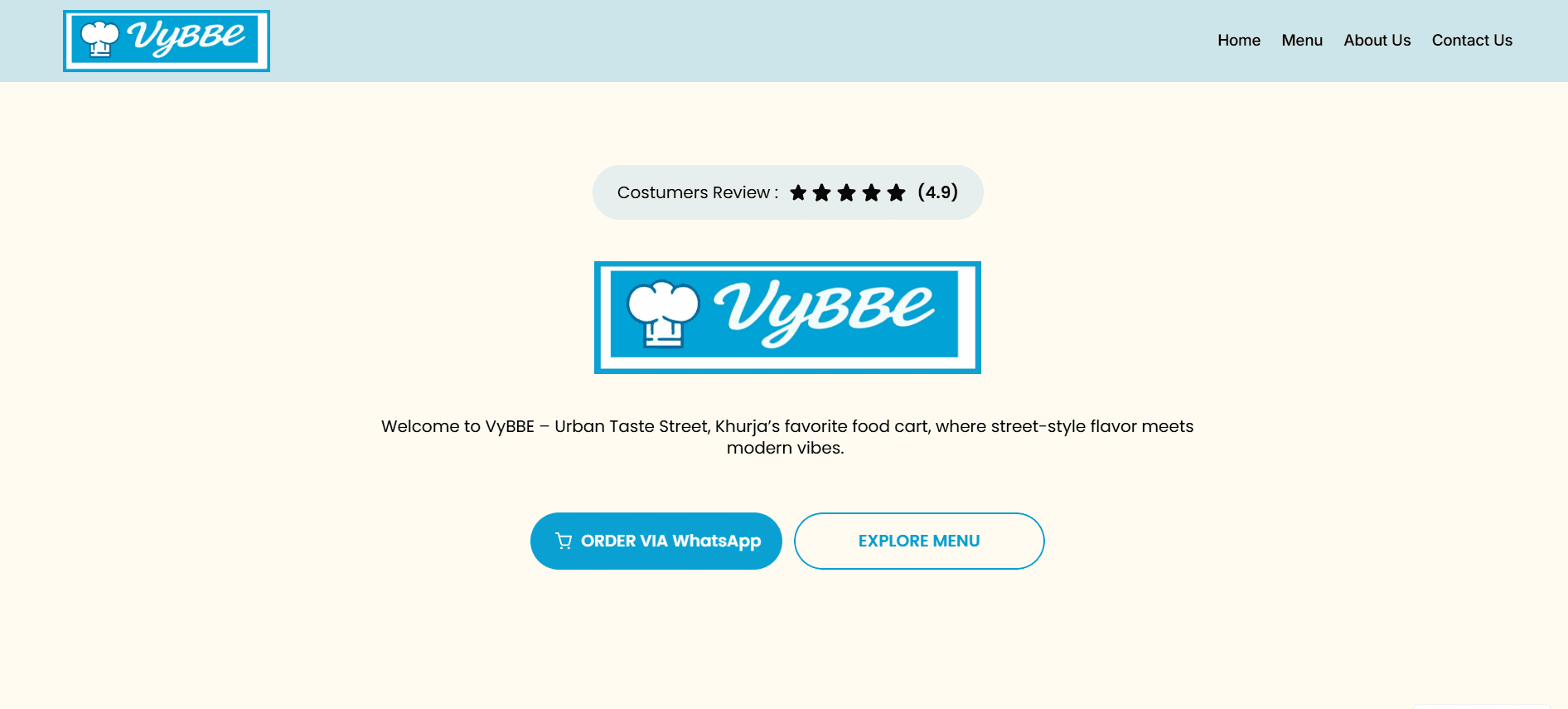 A dynamic, mobile-friendly website for VyBBe, a popular street food cart in Khurja specializing in momos, rolls, and urban snacks, designed to make ordering easy and showcase the menu with clear calls to action.