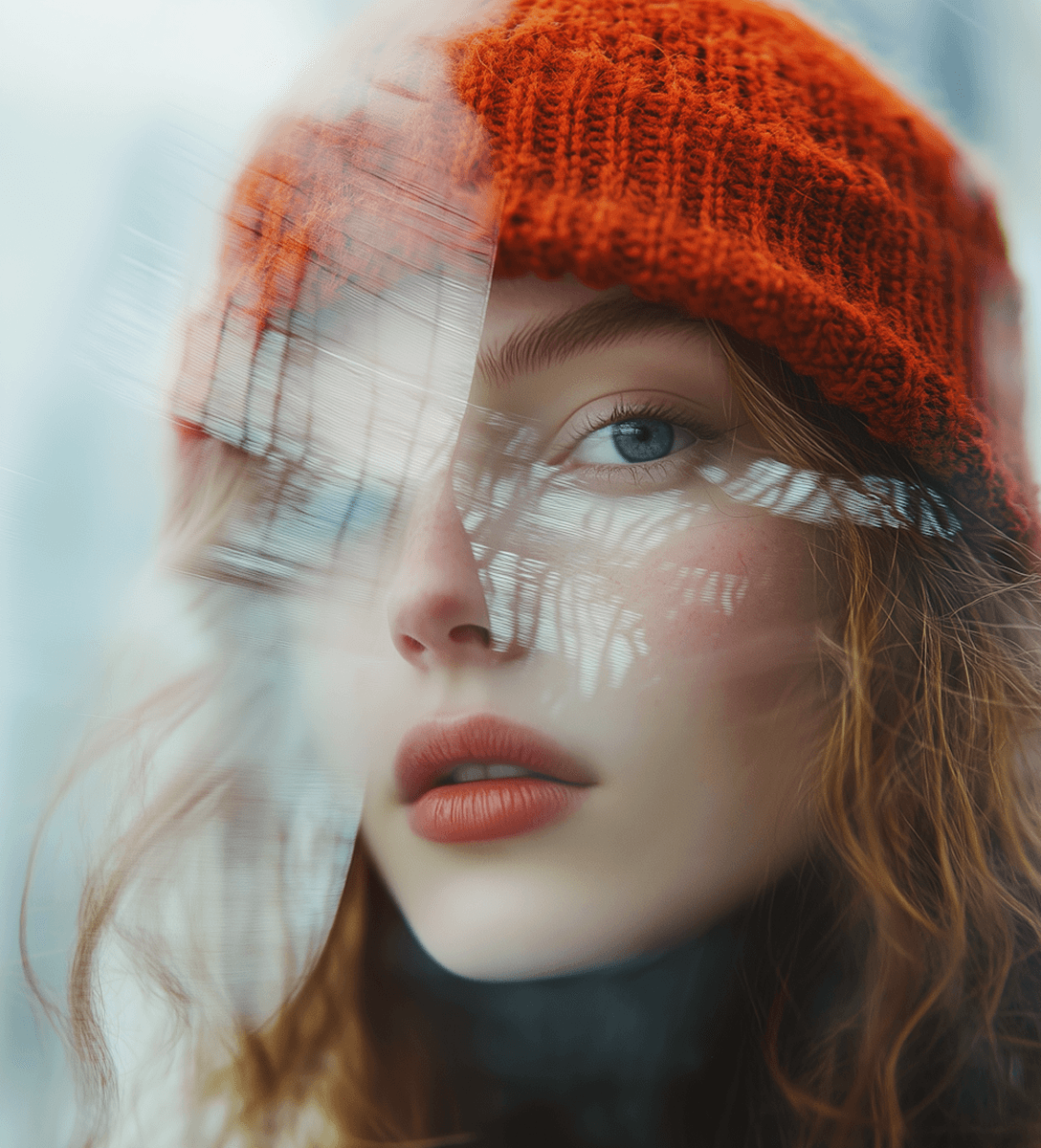 A woman with glowing red light radiating from her hair, enhancing her features in a dramatic manner.