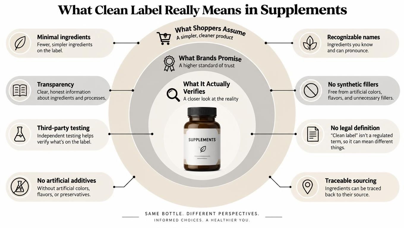 An infographic titled What Clean Label Really Means in Supplements, explaining various perspectives and industry standards.
