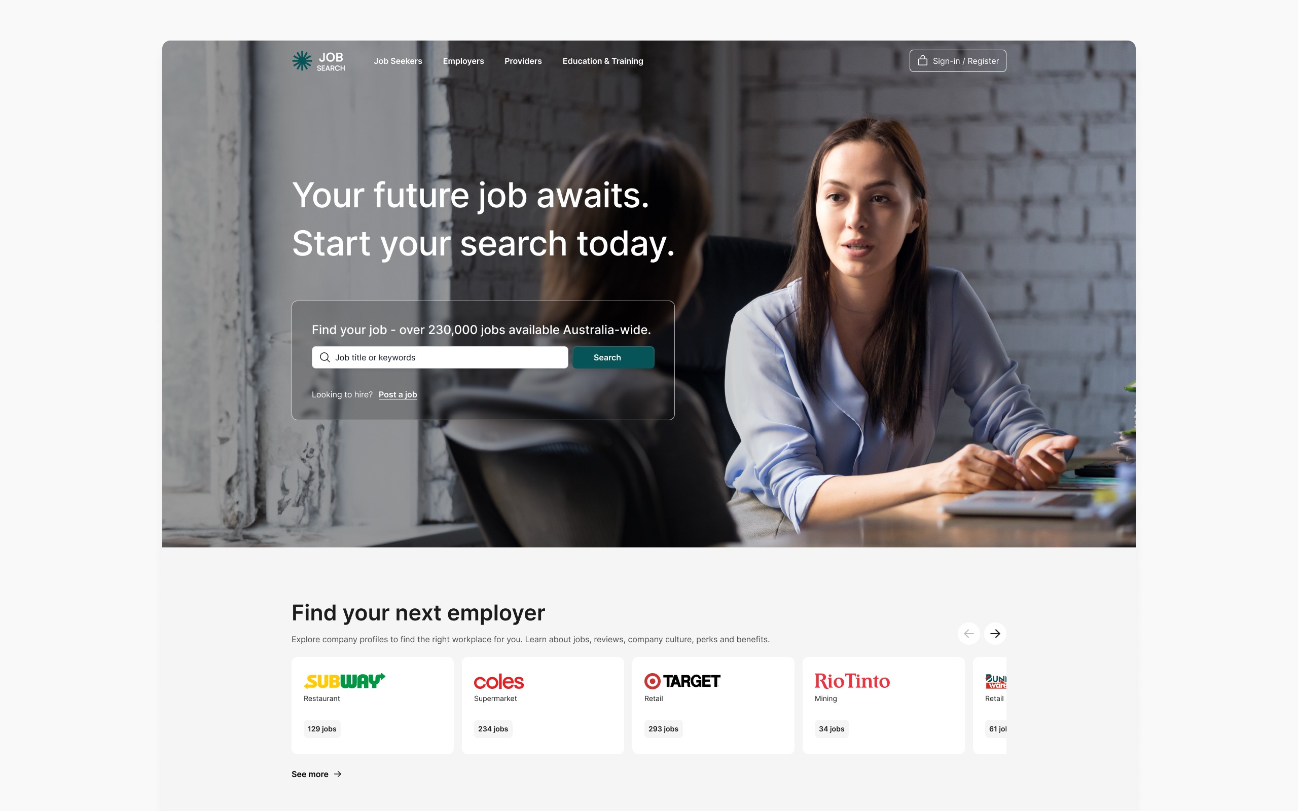 Homepage featuring a prominent search box with the tagline ‘Your Next Employer Awaits’, set against a modern, user-friendly interface.