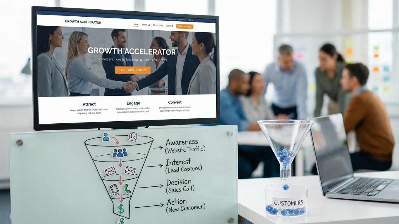 A professional website converting visitors into customers with sales funnel visualization