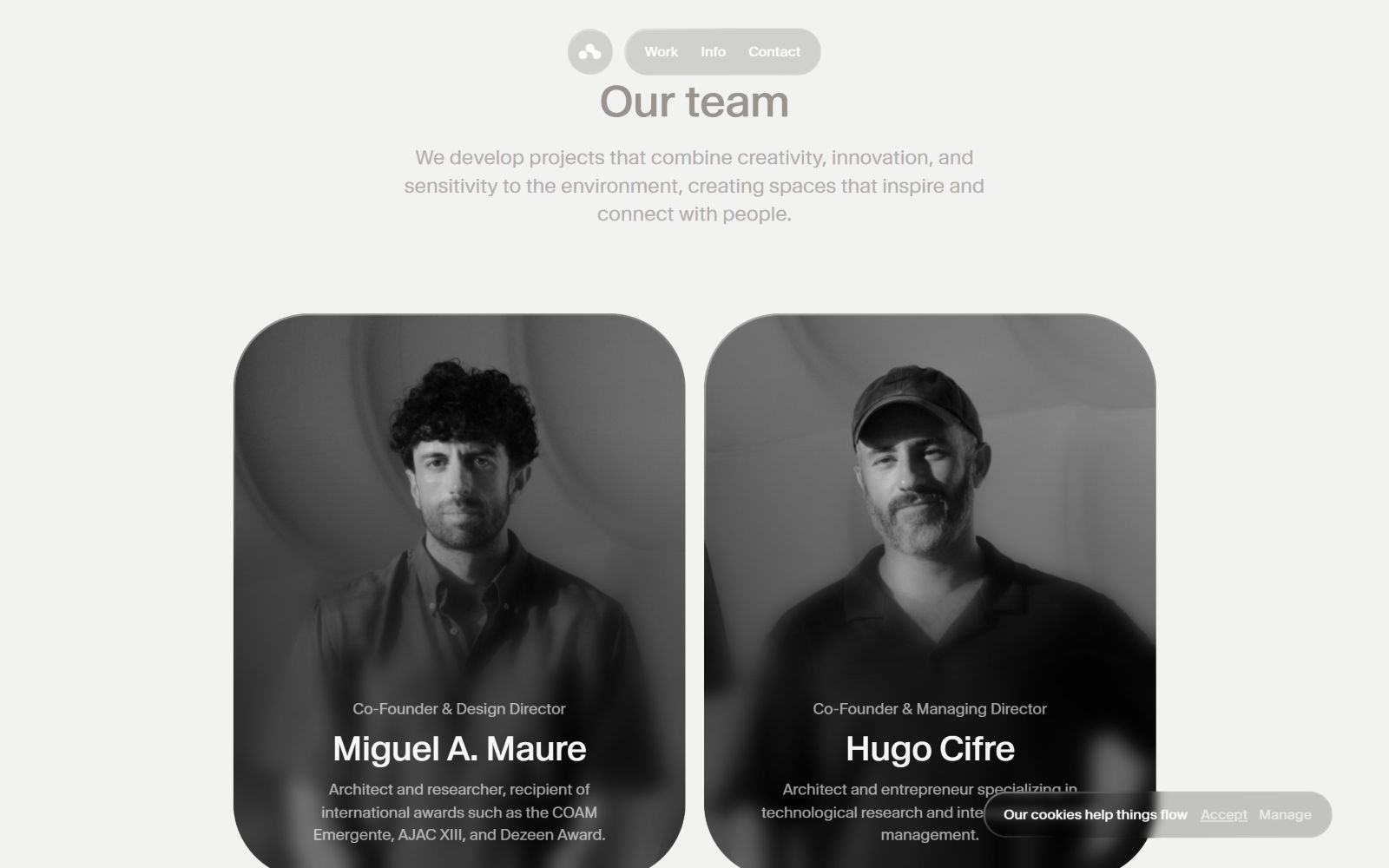 Black and white portraits of Miguel A. Maure and Hugo Cifre with blur effect. Text: "Co-Founder & Design Director" and "Co-Founder &...