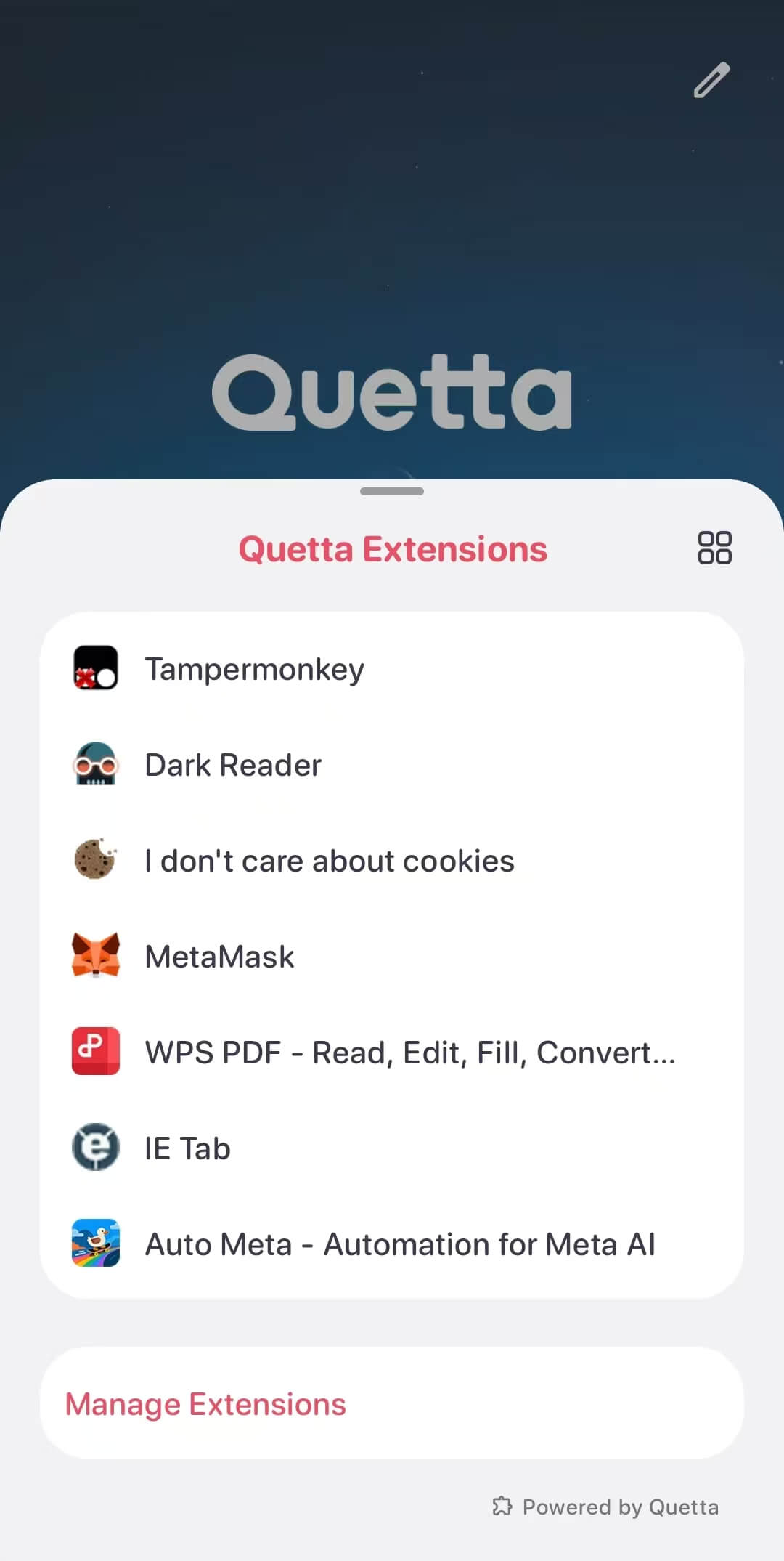 How to install and manage browser extensions in Quetta on Android