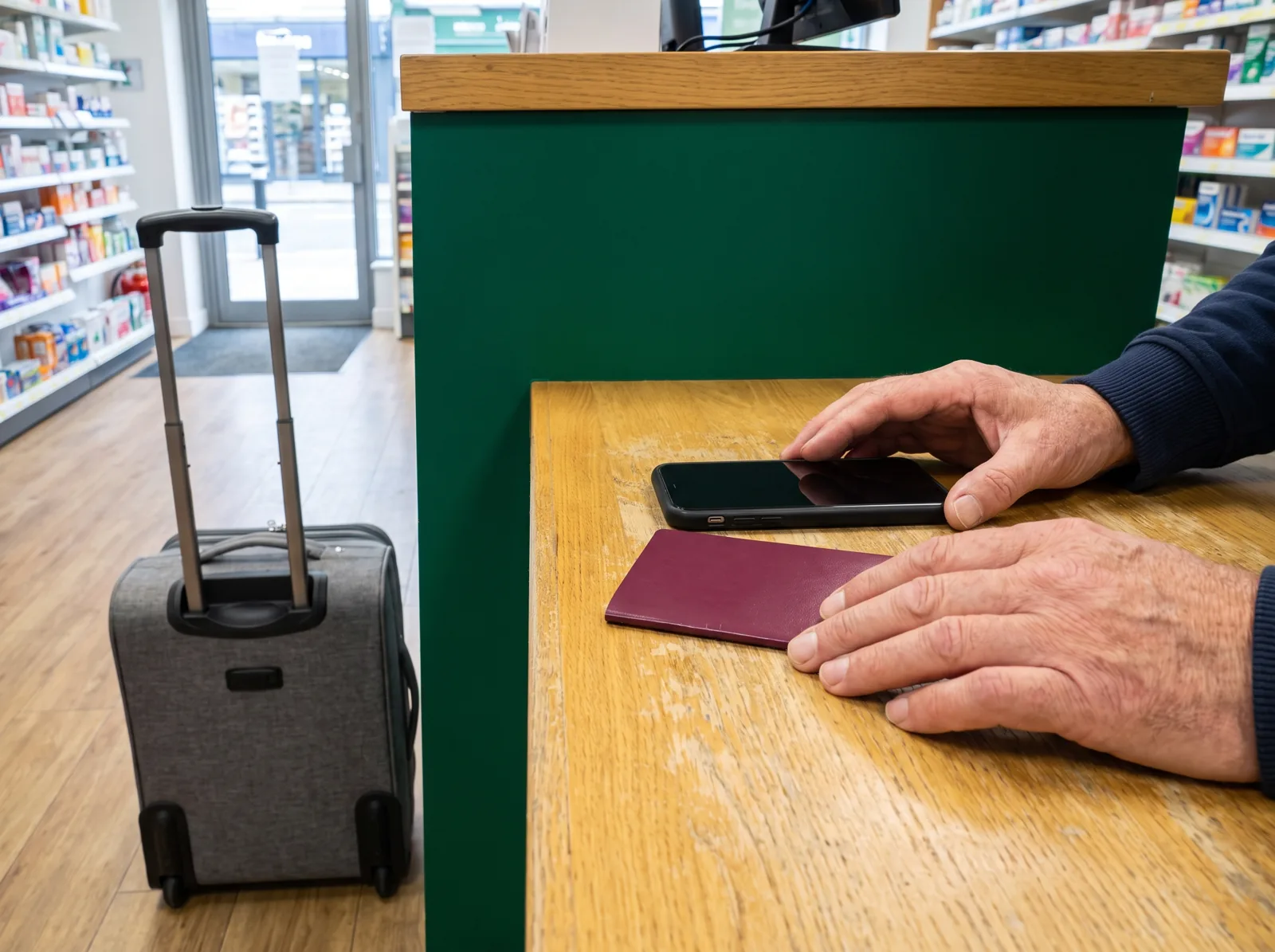 A traveller with a passport, phone and cabin bag at the Burntwood Clinic counter