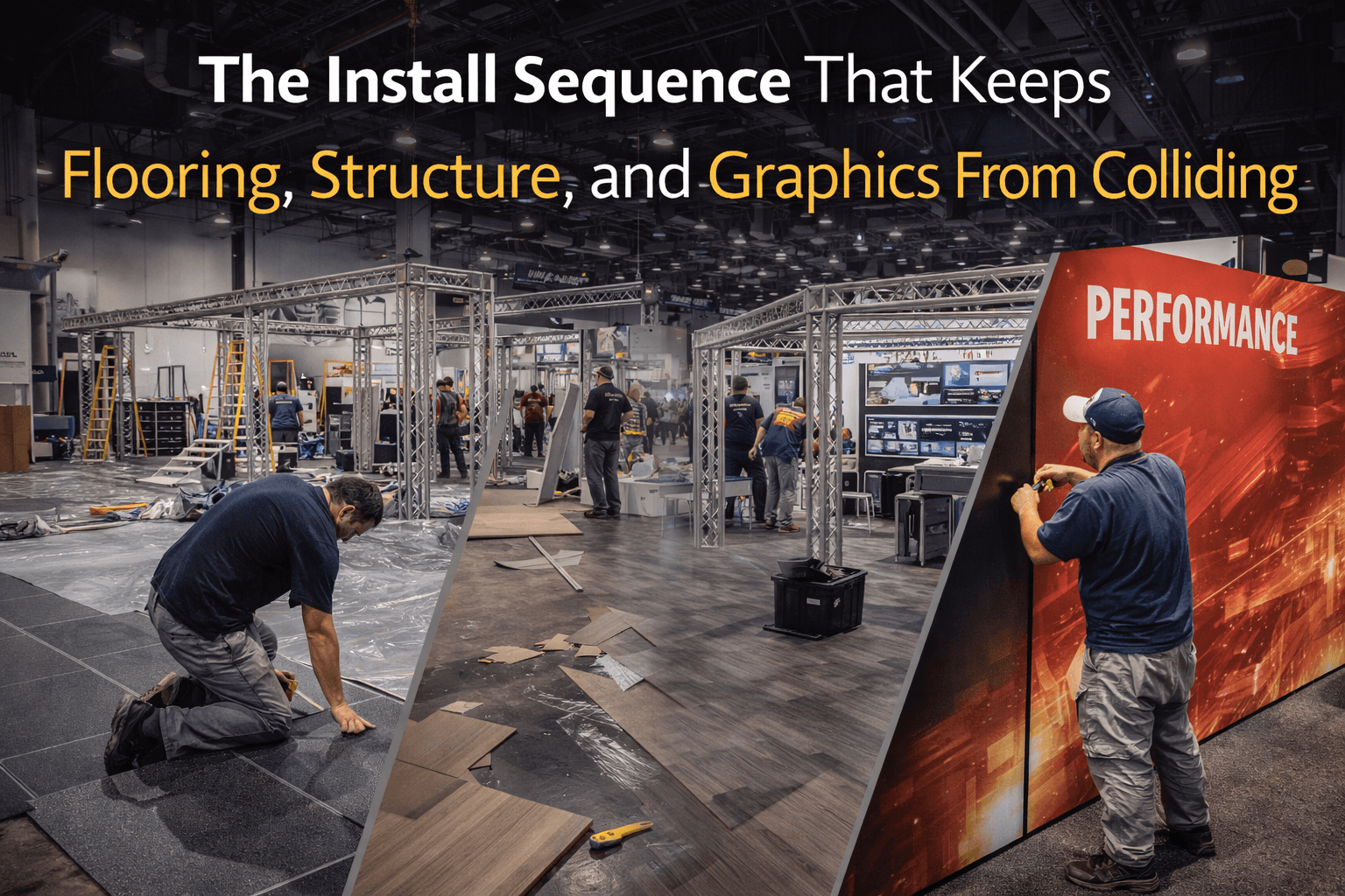 Trade show booth installation sequence with flooring, wall structure, and graphics installation staged in the correct order in Las Vegas