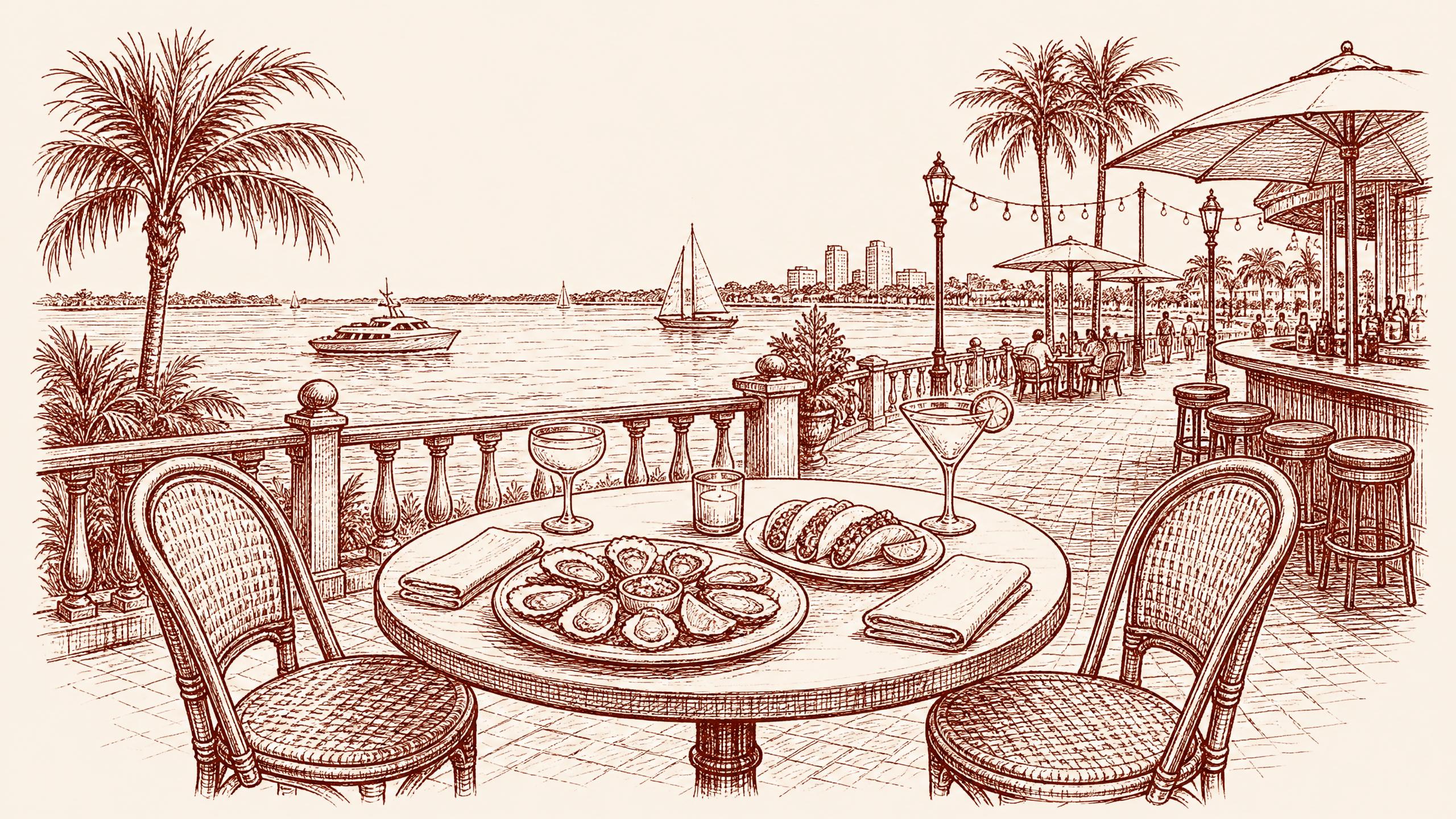 A single waterfront table set for an unhurried Tampa meal: two empty chairs, oysters on a plate, where to eat in tampa