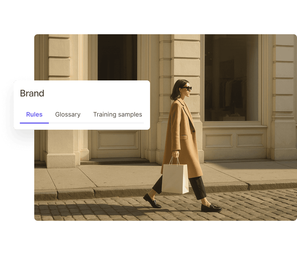 A person wearing a long brown coat and sunglasses walks on a cobblestone street carrying a white shopping bag, with a white building in the background and a digital interface overlay displaying "Brand guidelines" and navigation options.