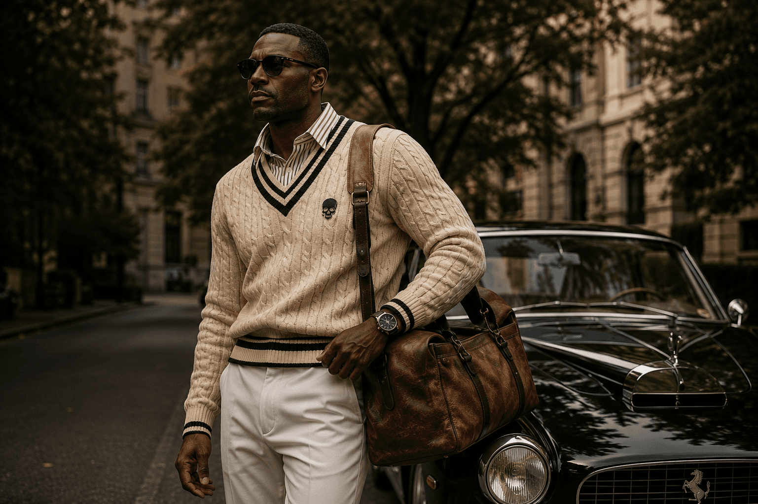 A man in a Rebel Noir cable knit beside a classic black Ferrari