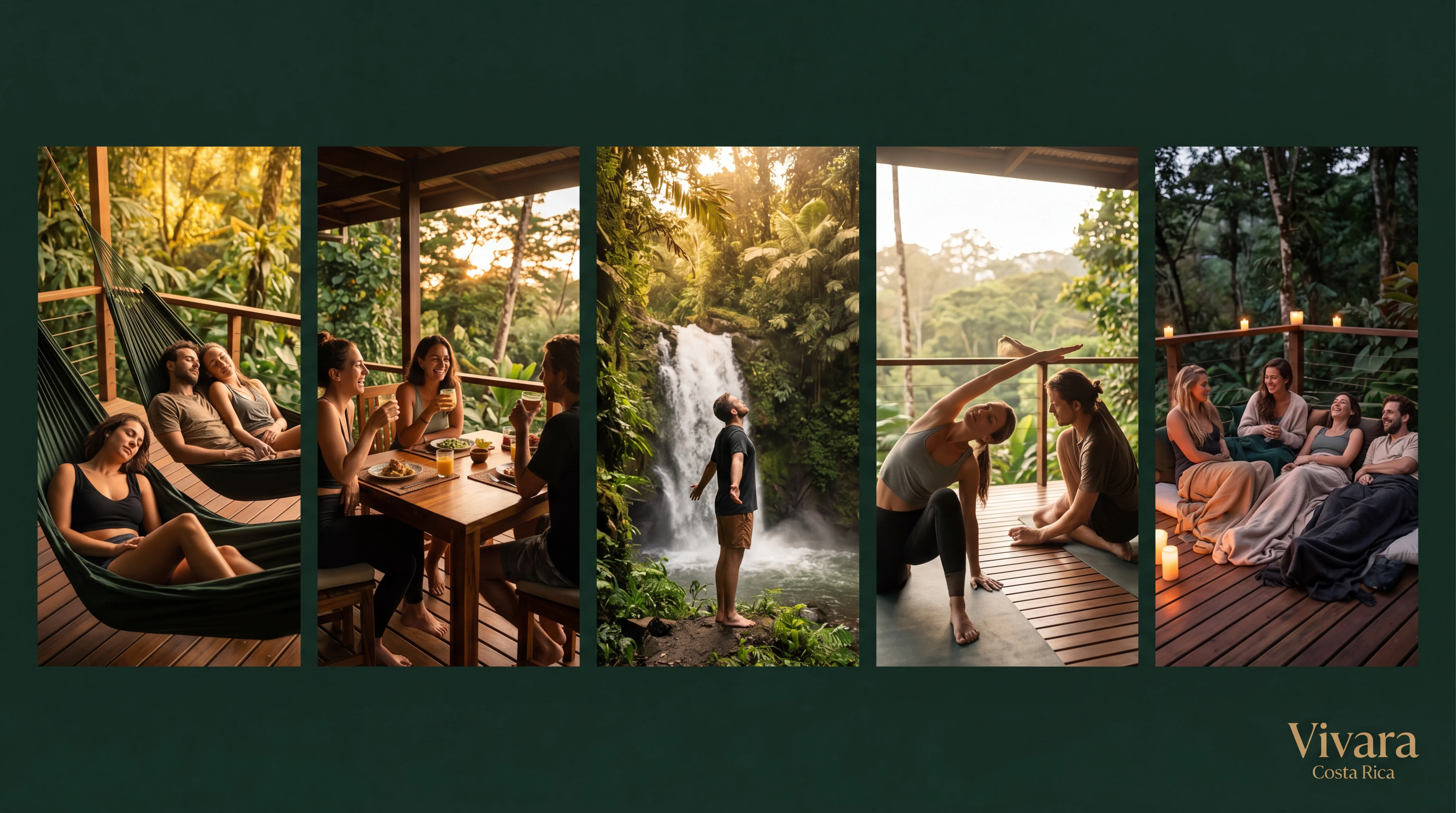 Five authentic moments of nature wellness at Vivara Costa Rica — couple in jungle hammocks, friends at golden-hour dining table, solo figure at waterfall, yoga on open-air deck, candlelit dusk lounge — nature wellness retreat Costa Rica