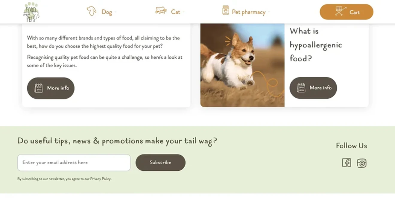 Food4Pets embedded newsletter form with pet-themed copy and social media links.