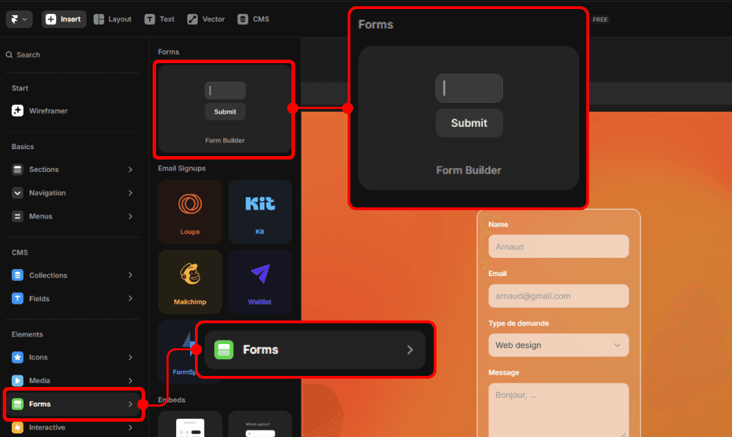 Ajout du formulaire natif Form Builder dans Framer depuis le menu Forms