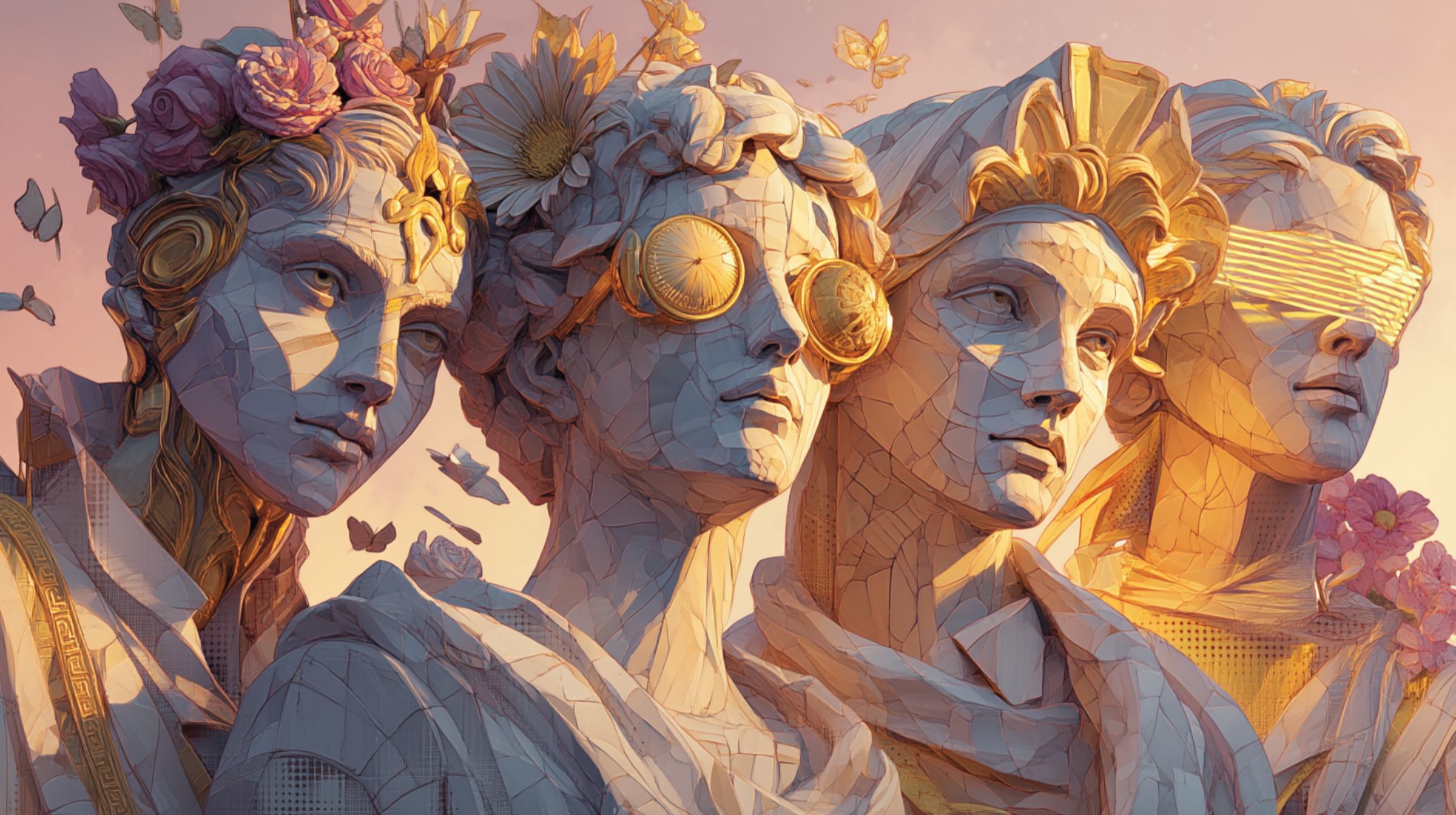 Four statues carved from glowing materials represent archetypes of modern social media — muse, trickster, sage, and oracle — standing side by side in warm golden light.