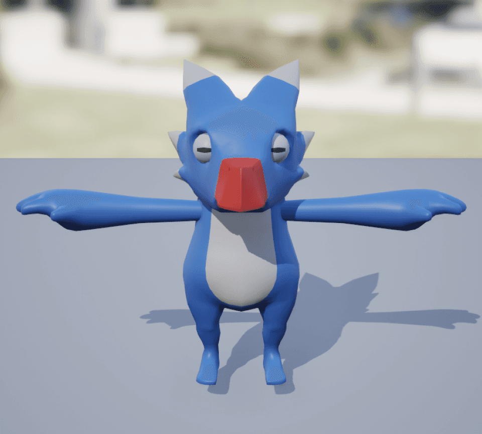 Front view of a stylized blue cartoon creature in a T-pose, with outstretched arms, a rounded body, white belly, and a red snout, displayed in a simple 3D environment.