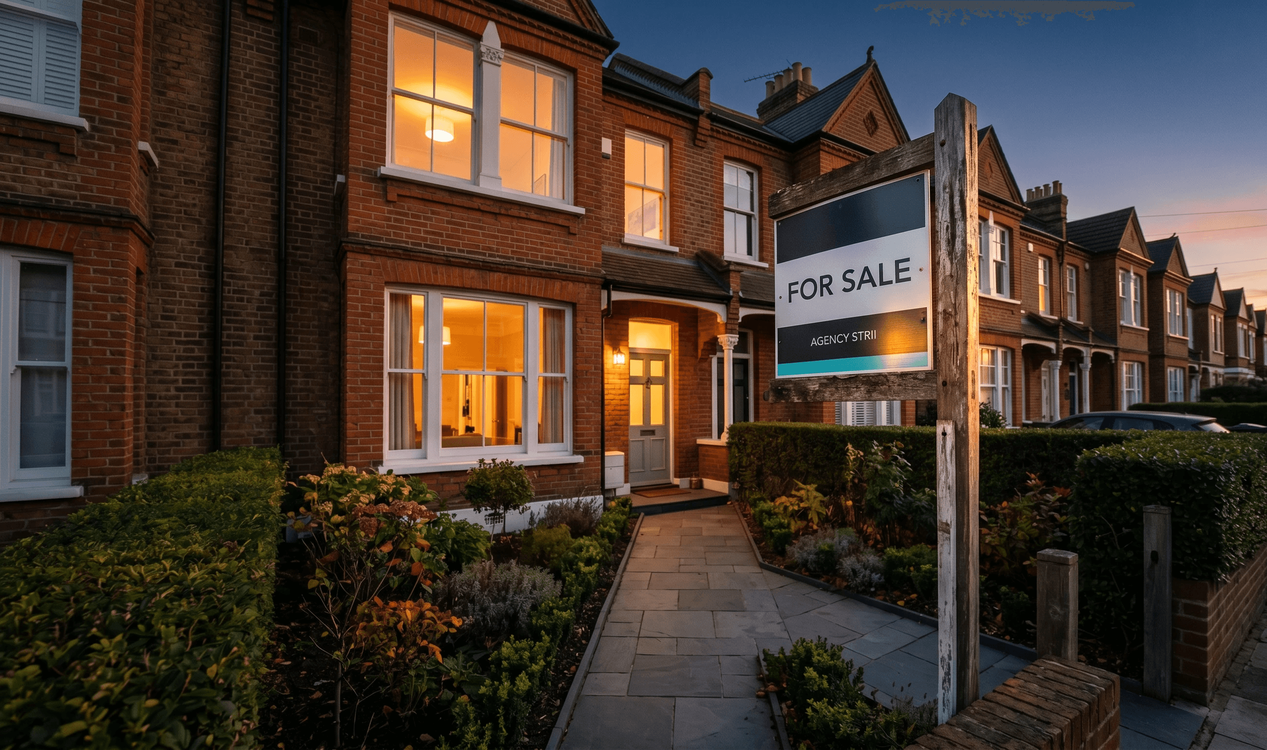 "For Sale" board outside a UK Victorian terraced home at golden hour — represents the UK estate agency market EXELVO AI serves with Rightmove and Zoopla lead automation.