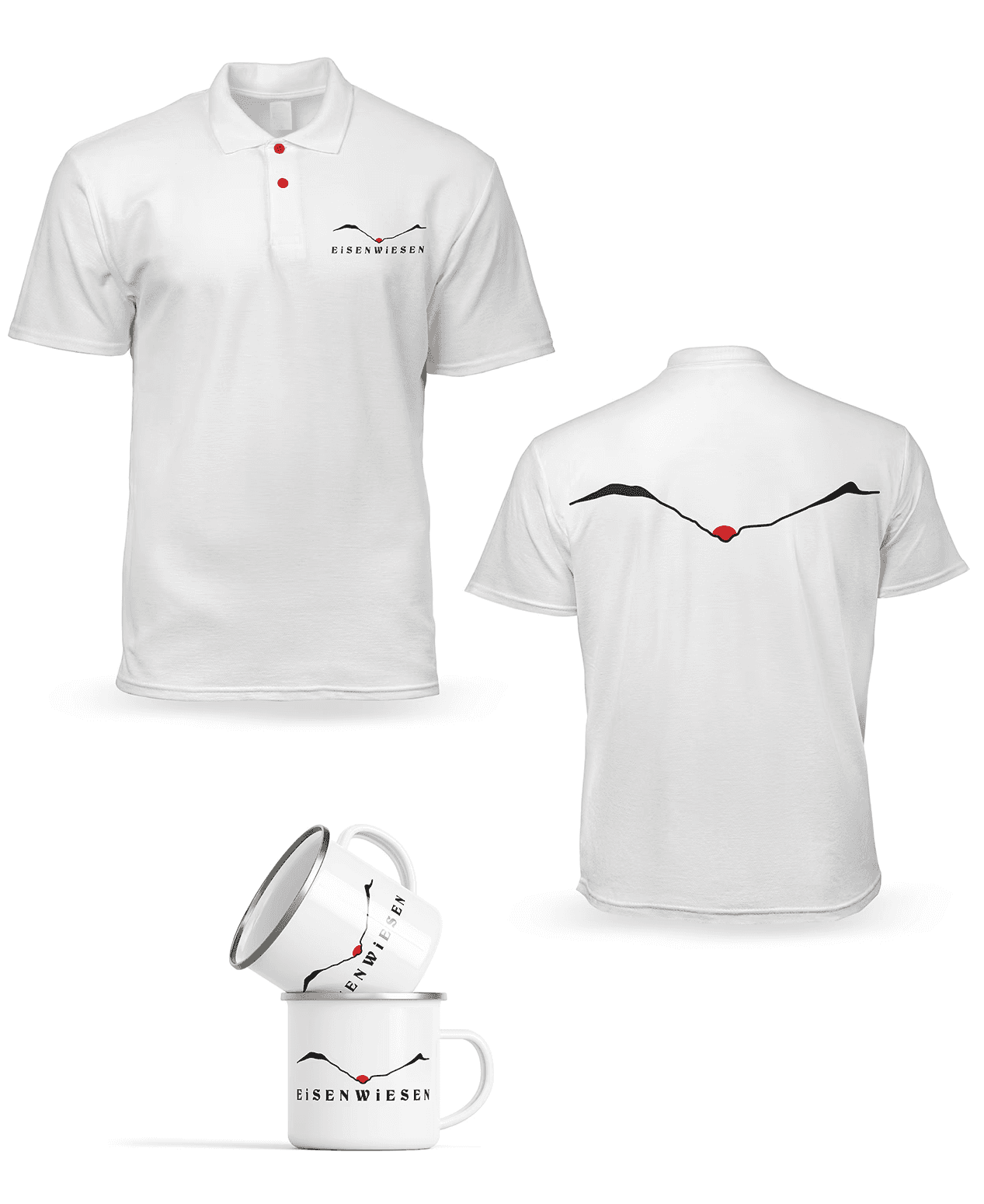 Merchandise: T-Shirts bedruckt und Emaille Tassen