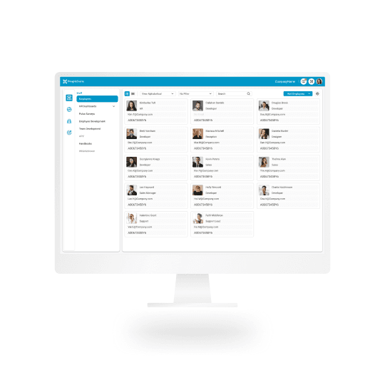 A computer monitor displaying an online application with a clean user interface featuring a sidebar for navigation and various user profiles with photos and details, illustrating digital organization and user management.