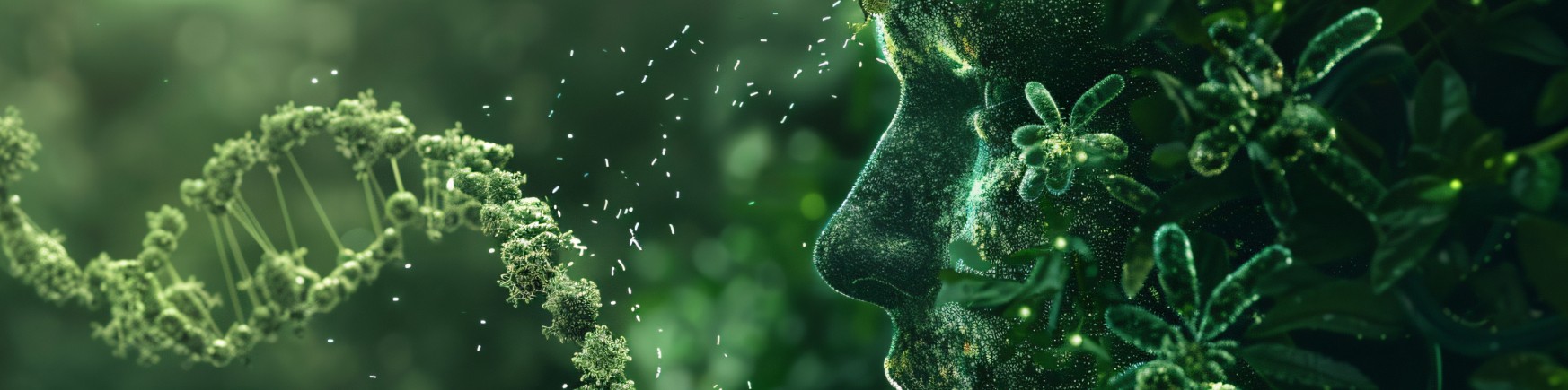 Digital illustration of a human face profile overlaid with a DNA helix and botanical elements representing biohacking and longevity science