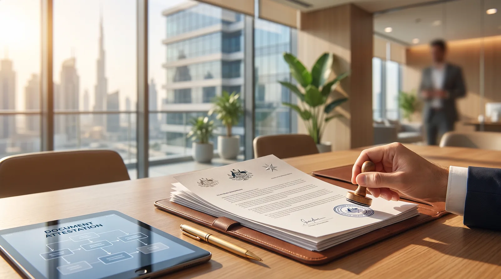 Australian founder planning a Dubai company setup at a modern desk with the skyline behind
