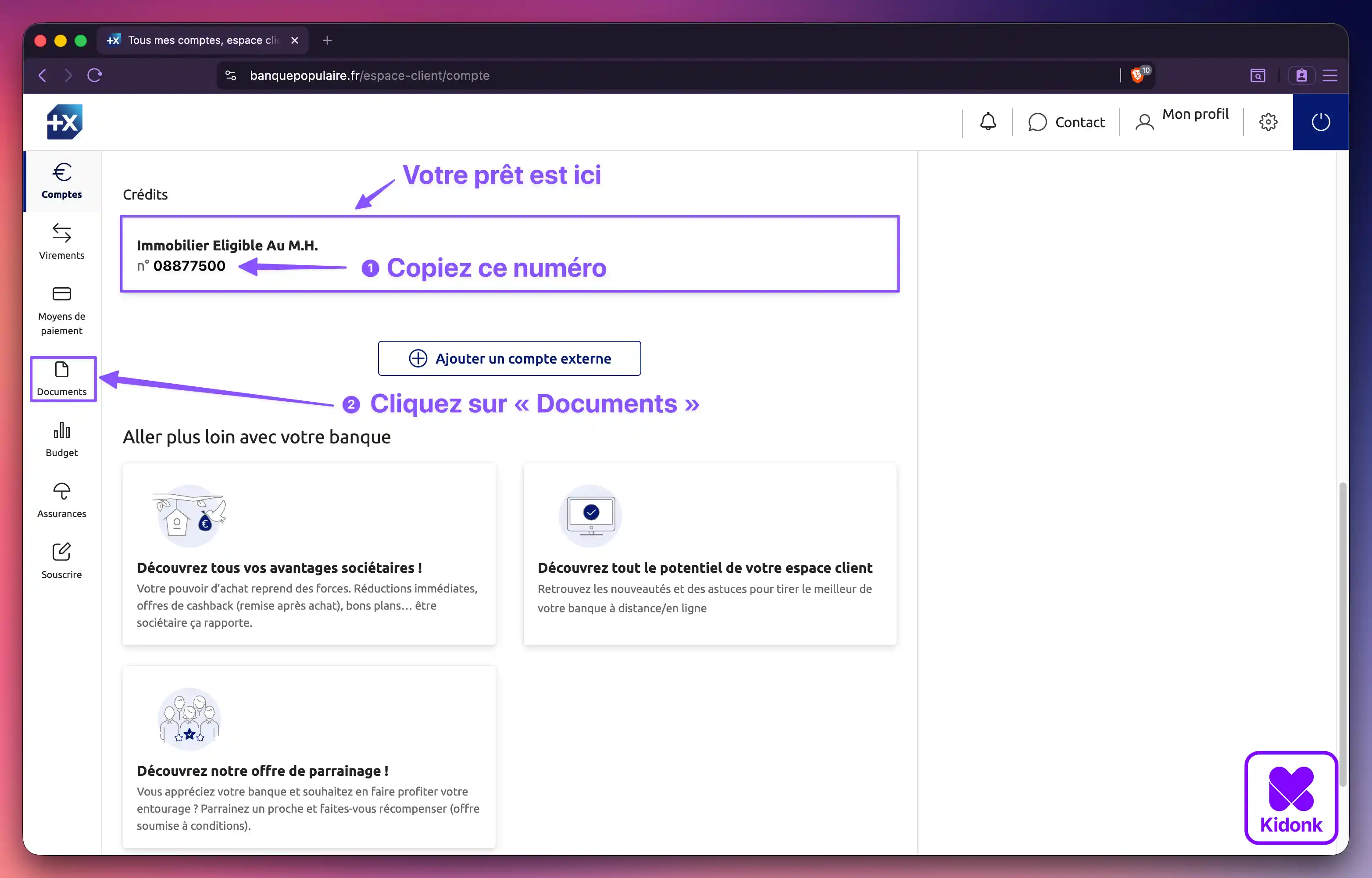 Navigateur web affichant un prêt immobilier souscrit auprès de la Banque Populaire