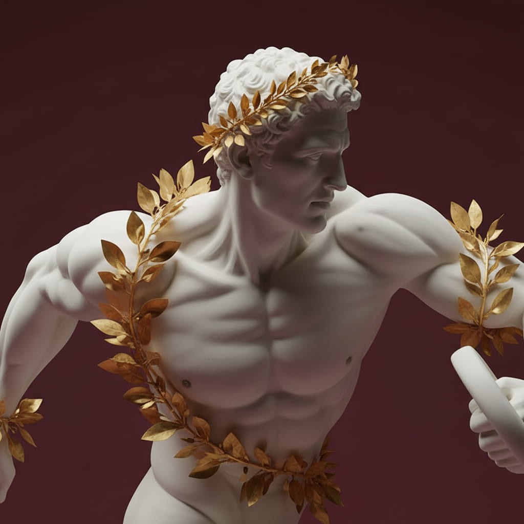 Right profile of a marble sculpture decorated with gold laurel leaves and holding a discus.
