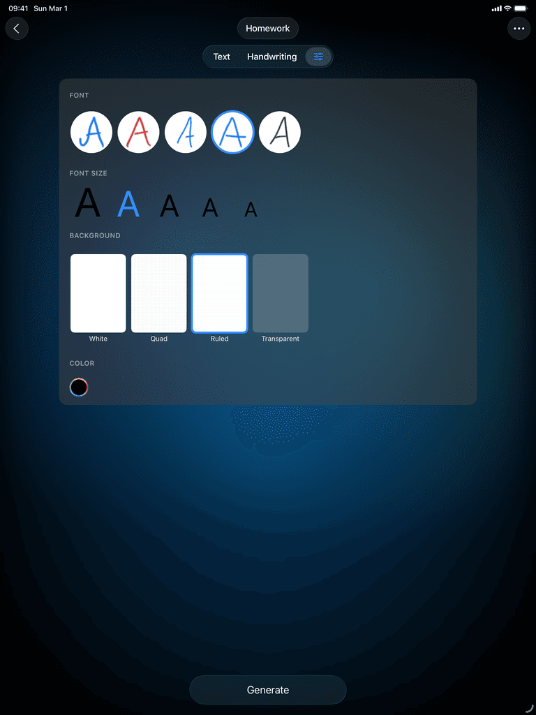 Custom background colors and font sizes for handwritten documents in Conwrite