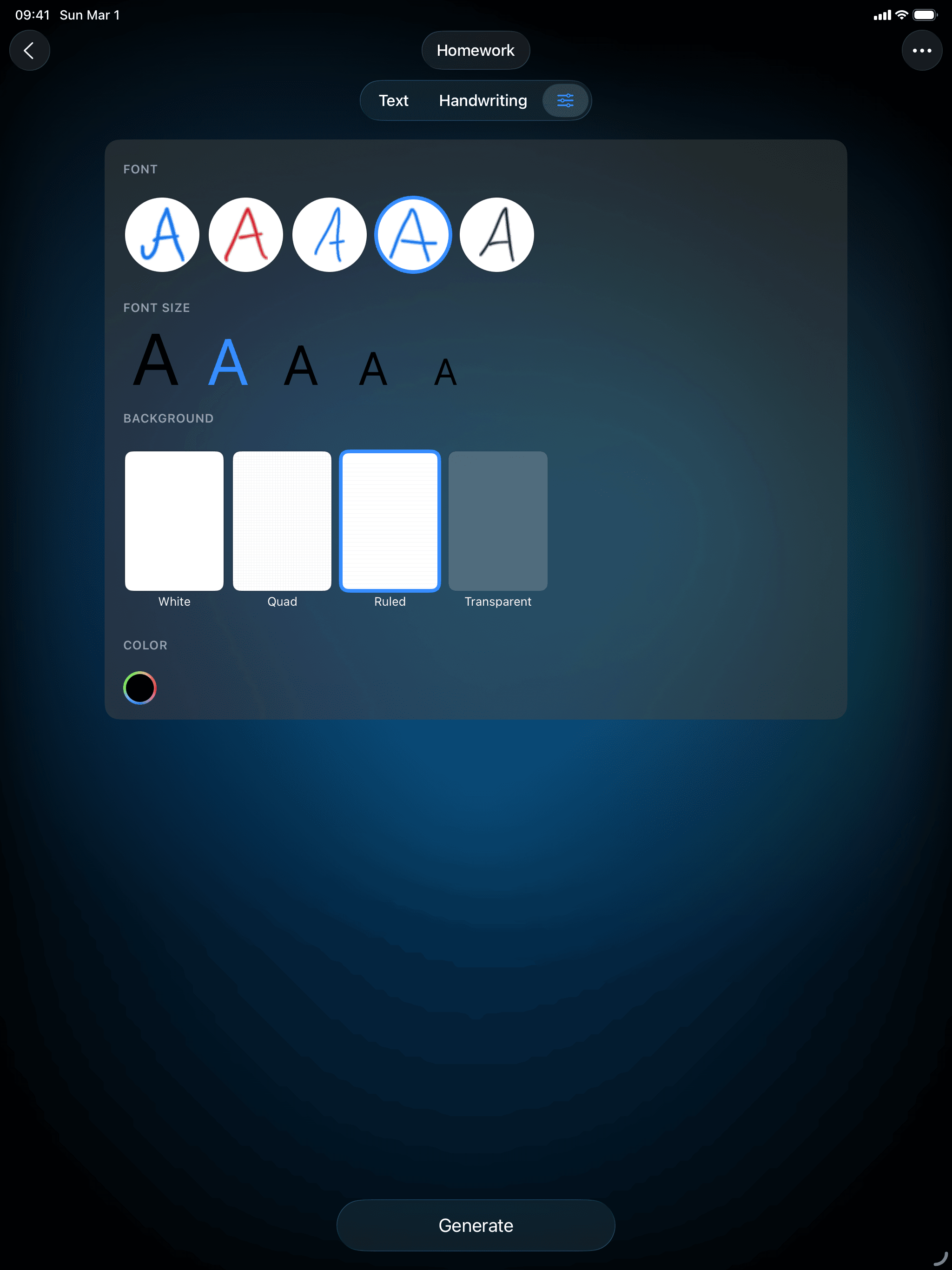 Custom background colors and font sizes for handwritten documents in Conwrite