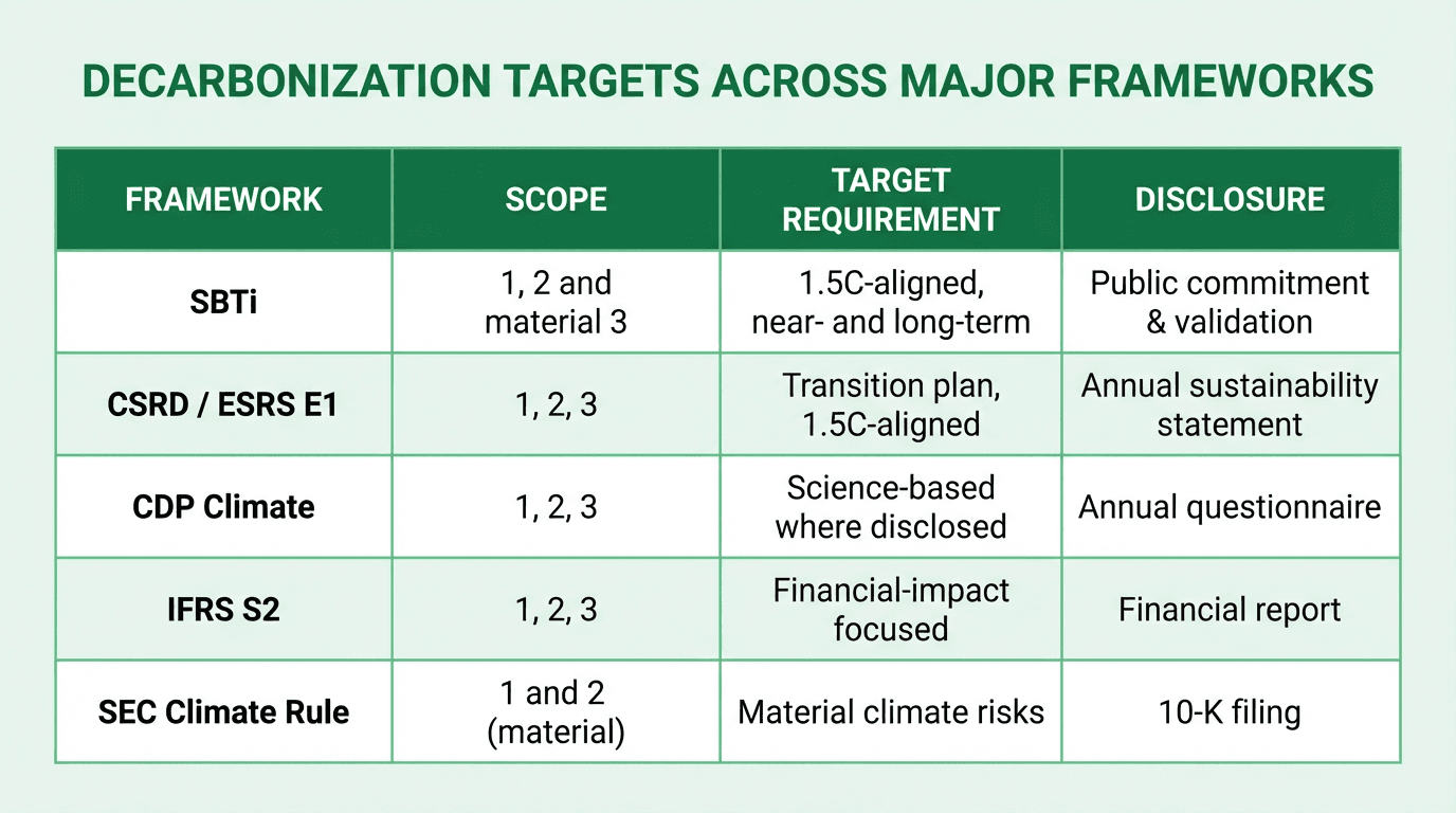 Decarbonization targets across major frameworks: SBTi, CSRD, CDP, IFRS S2, SEC
