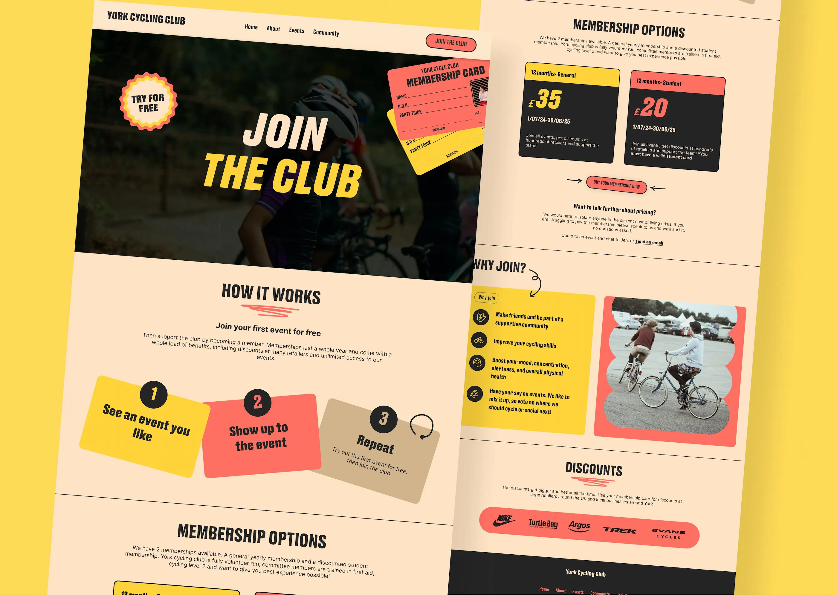 York Cycling club website on a yellow background, featuring happy cyclists and branded stickers
