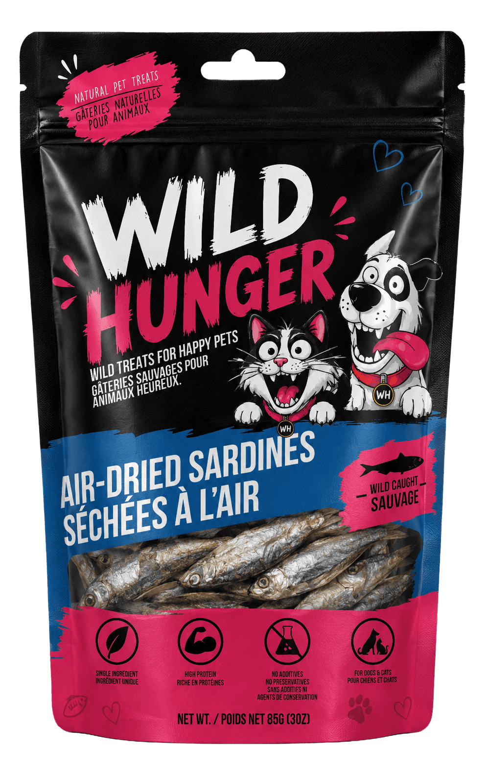 Wild Hunger air-dried anchovies pet treats pouch