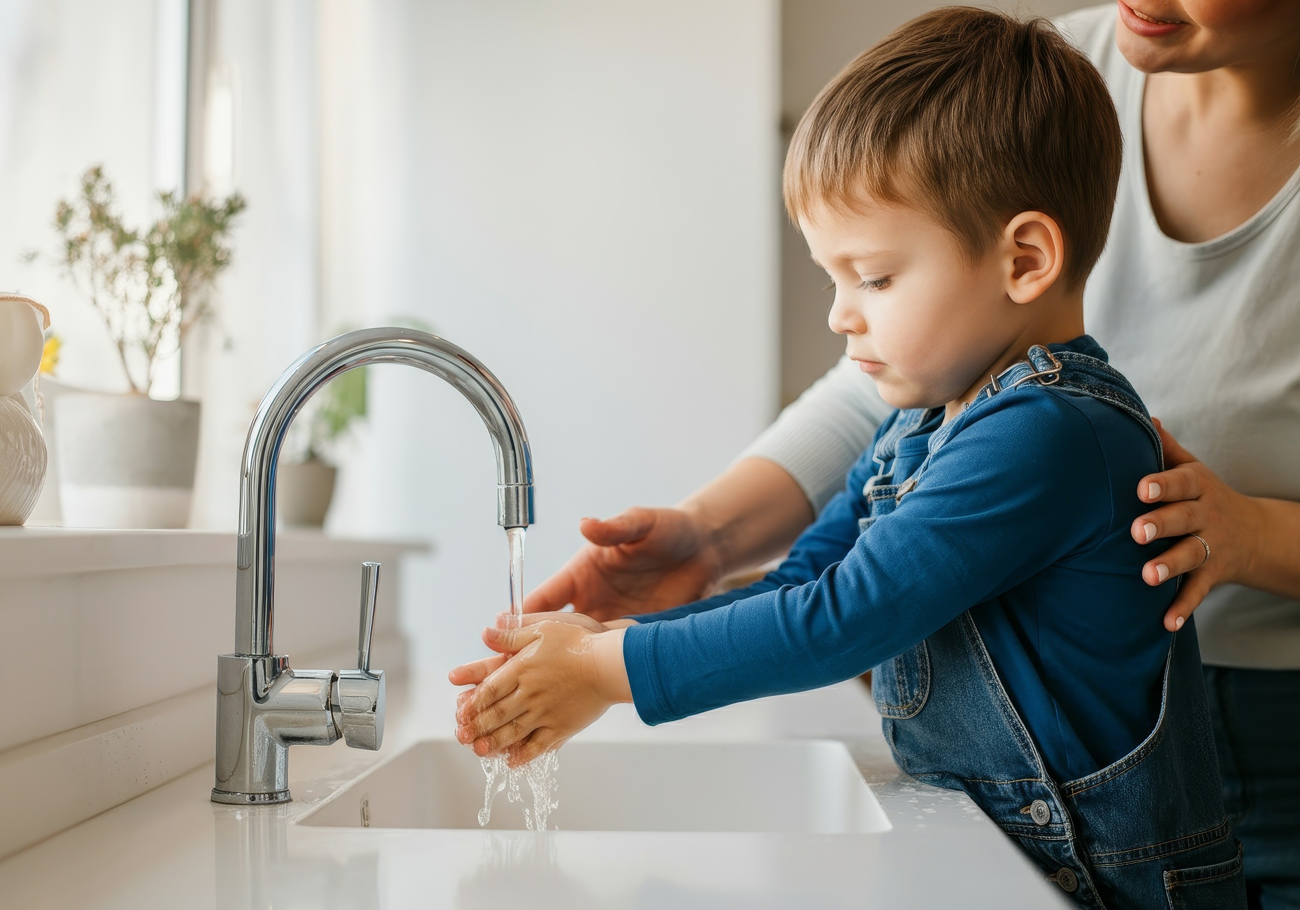 Child washing hands at home with gas appliances safety-checked