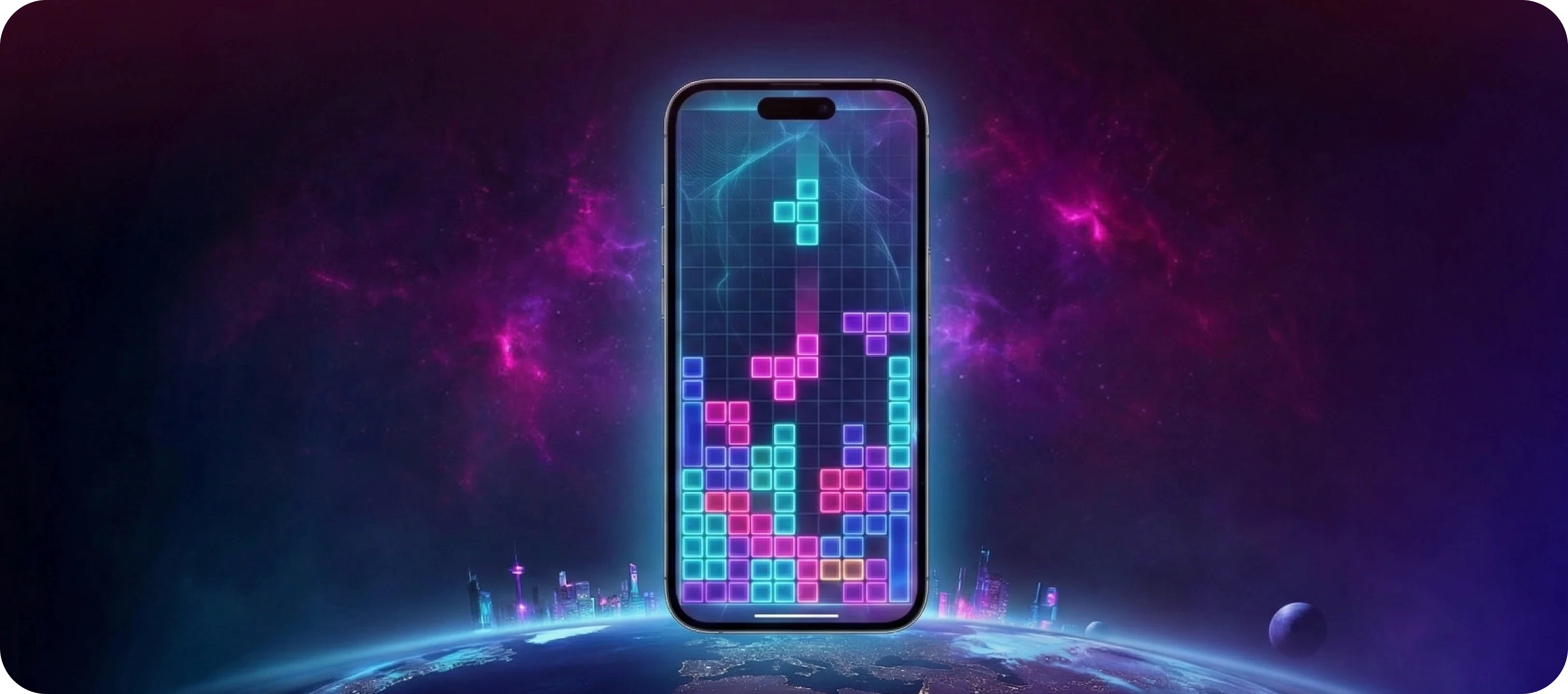 A giant glowing smartphone displaying a neon-style mobile game rises above the Earth, symbolizing mobile gaming’s global dominance over traditional media and social platforms.