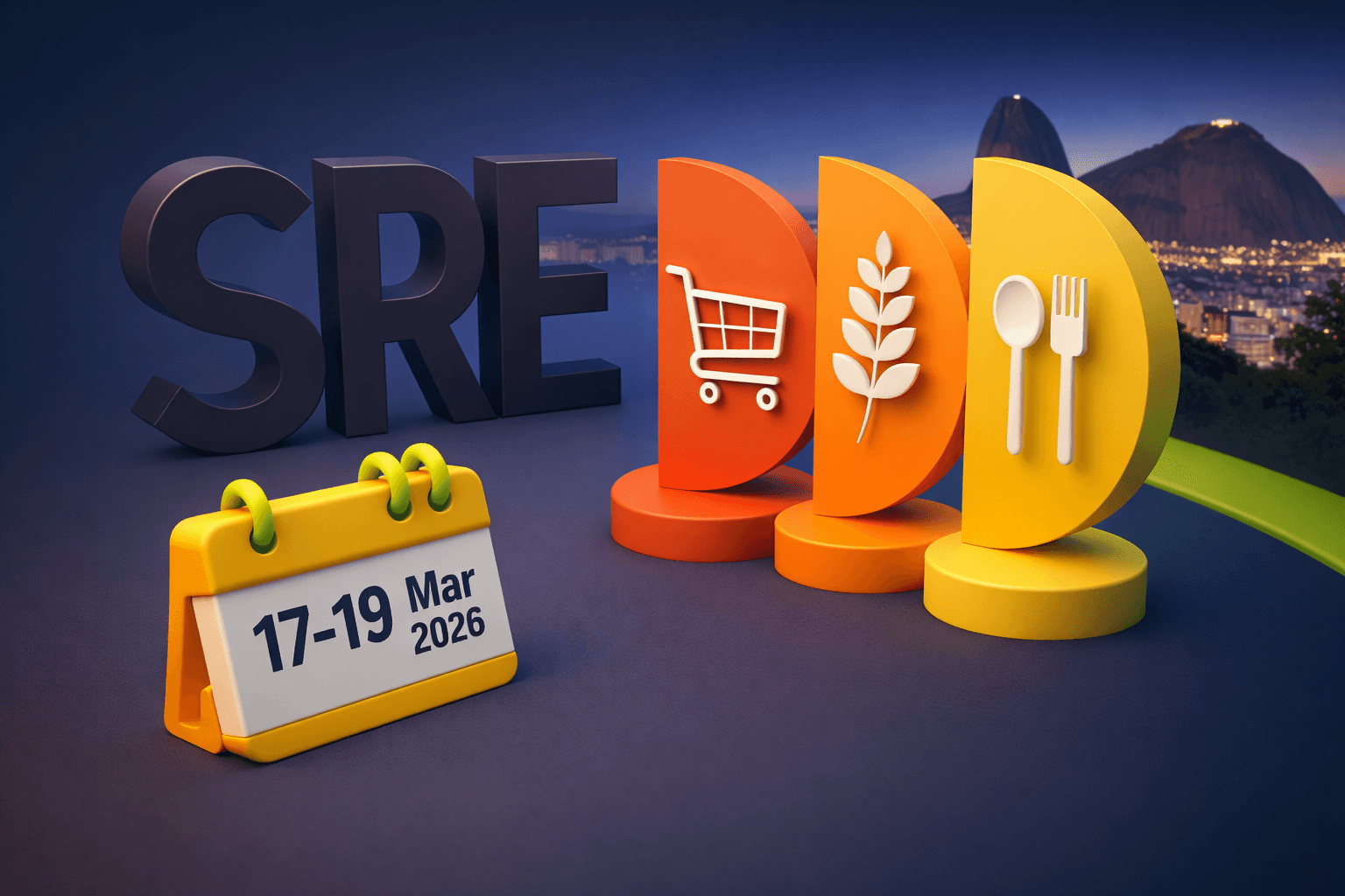 Ilustração 3D de ambiente de feira do setor alimentício e varejo atacadista, representando evento de negócios com ícones de compras, alimentos e gastronomia ligados ao mercado de distribuição e supermercados no Brasil.