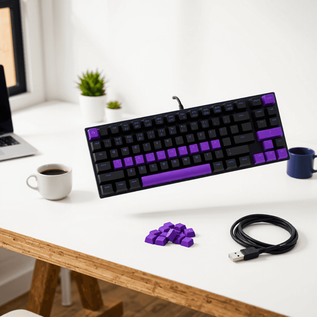 product photography of a mechanical keyboard with purple keycaps and accessories
