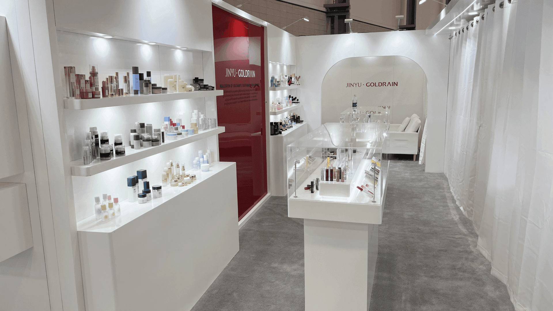 spa and beauty booth with treatment station setup and organized product presentation for personal care brands