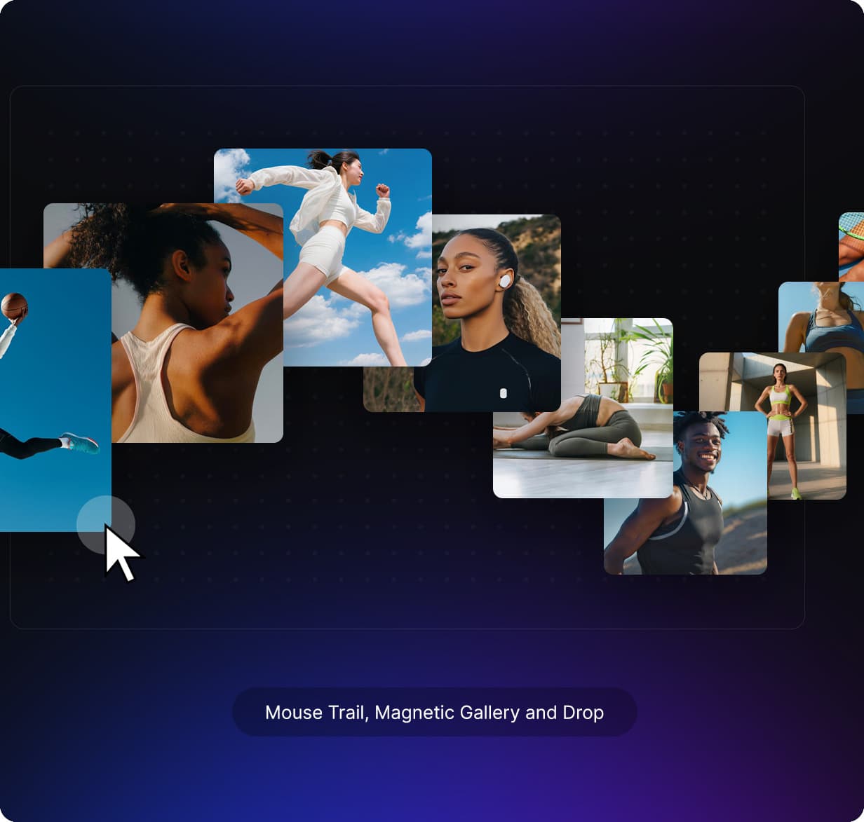 Interactive media gallery component showcasing a floating wave of fitness photography cards on a dark grid interface.