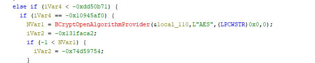 Codeschnipsel in einer Programmiersprache mit bedingten Anweisungen unter Verwendung von Hexadezimalwerten. Er enthält Funktionsaufrufe für die Kryptografie, die sich insbesondere auf die AES-Verschlüsselung und lokale Stringparameter beziehen.