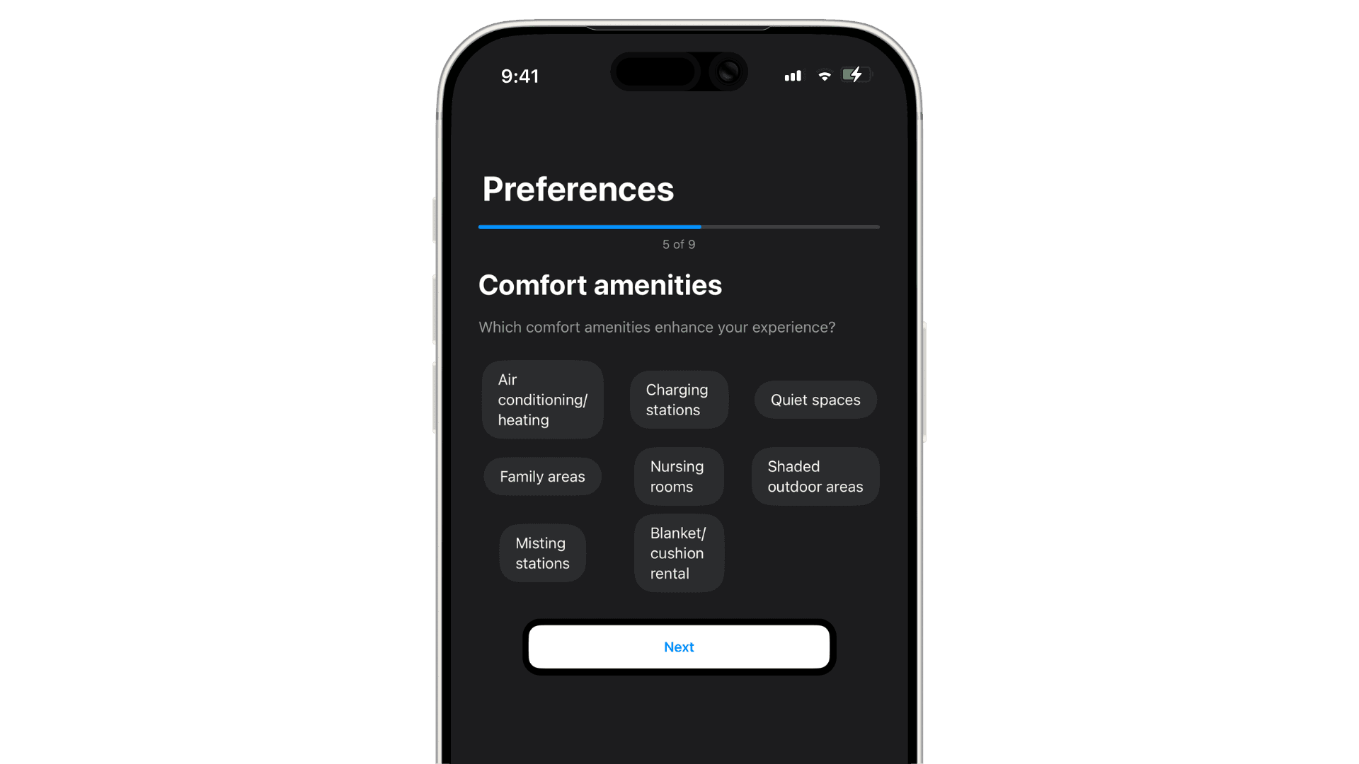 Graphic, screenshot of the FCA app Preferences screen showing step 5 of 9 with comfort amenity options to select. 