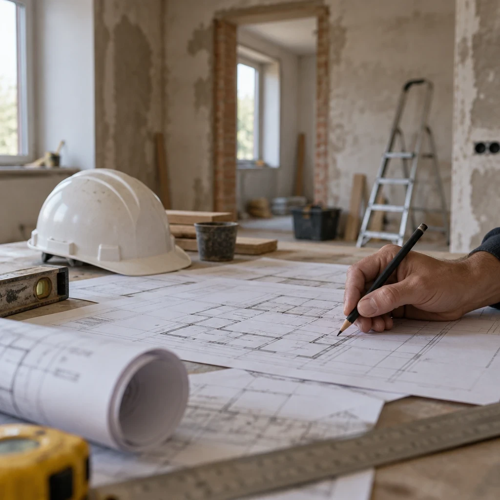 Plans d’architecte et casque de chantier sur une table dans une maison en rénovation