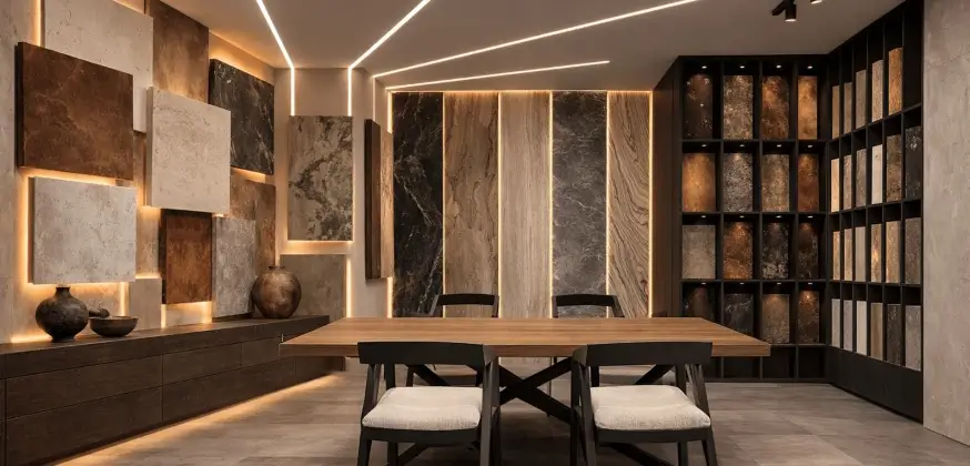 Showroom υλικών ανακαίνισης Design Chama με πλακάκια και δείγματα δαπέδων