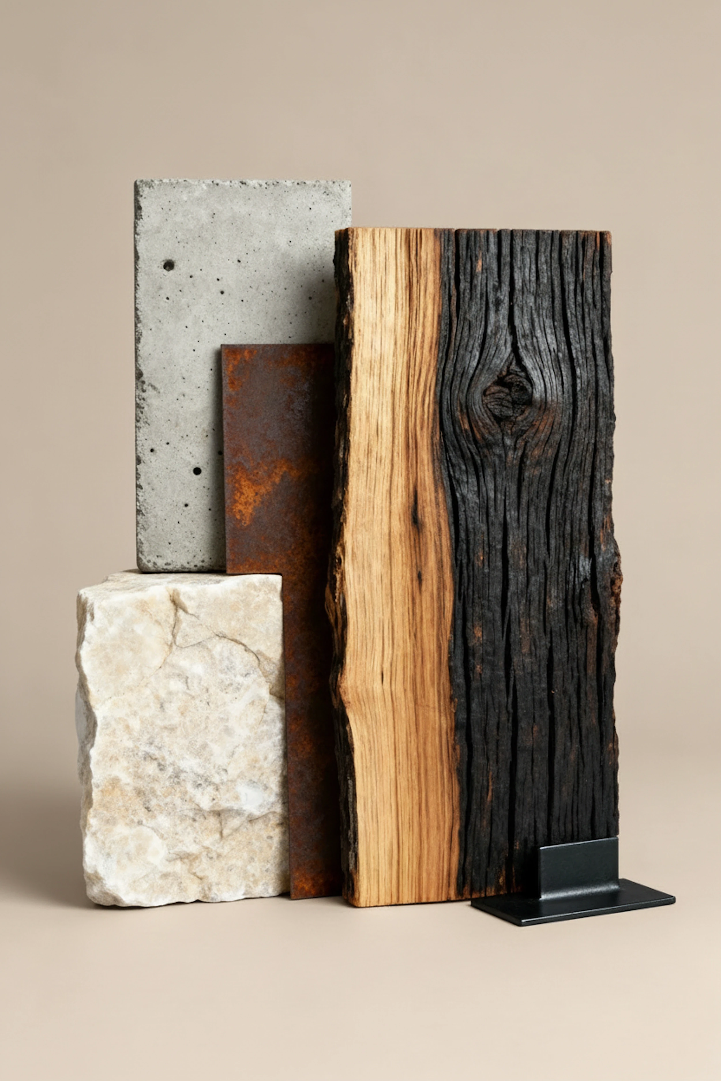 Architectural material samples including wood, stone, and corten steel.