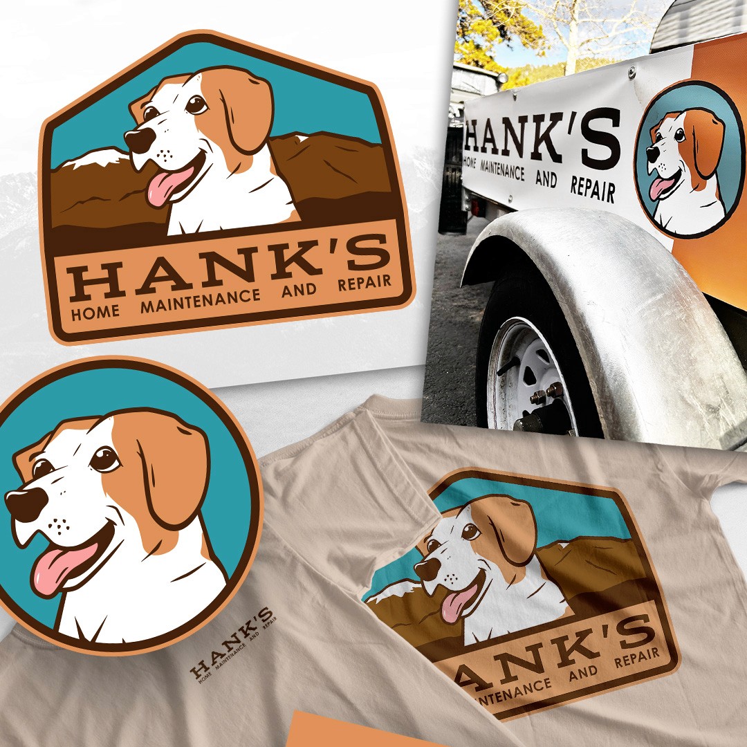 A cluster of items, such as a t-shirt, business card, and banner featuring the logo of a happy, smiling dog. The text reads "Hank's Home Maintence and Repair"