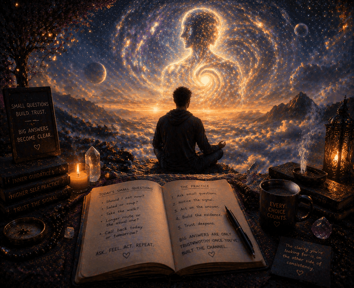 Higher Self practice with daily yes-or-no questions, shown as a mystical meditation scene with a glowing inner guidance figure