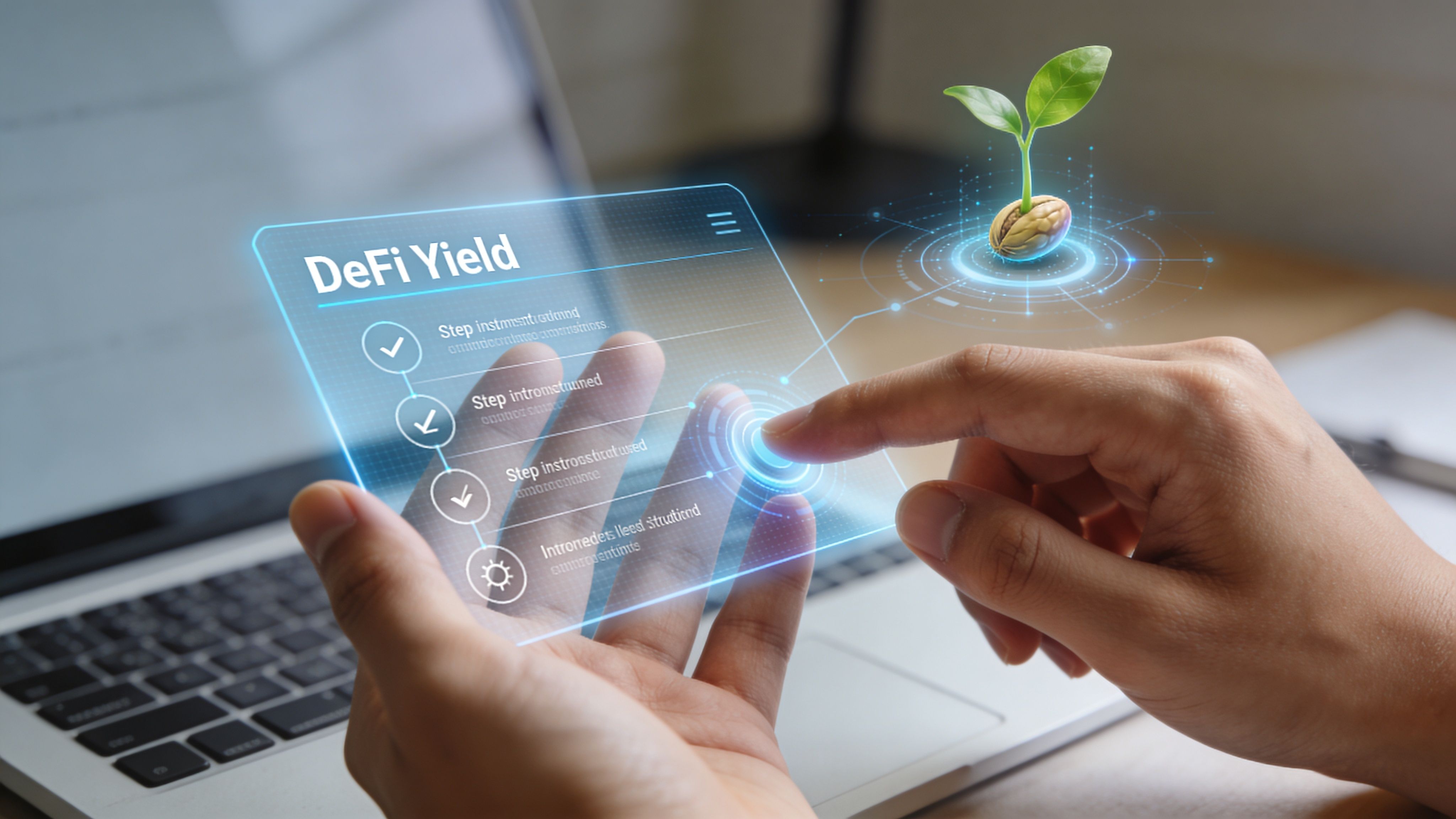 A person using a futuristic holographic interface to manage decentralized finance investments with a digital plant.