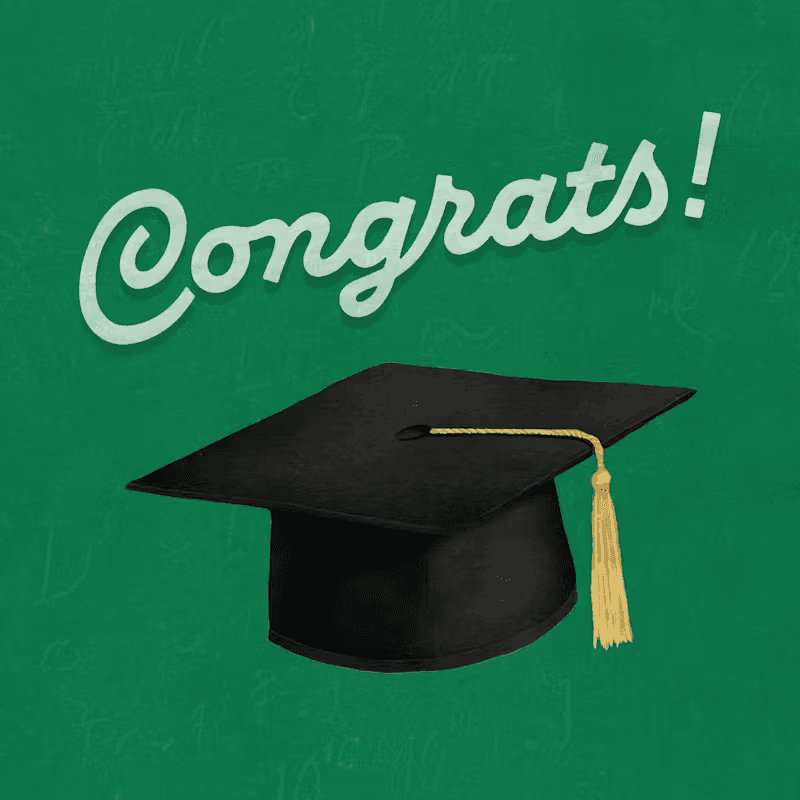 Graduation party invitation template with a black cap and tassel on a deep green background and "Congrats!" script — free graduation invitation maker