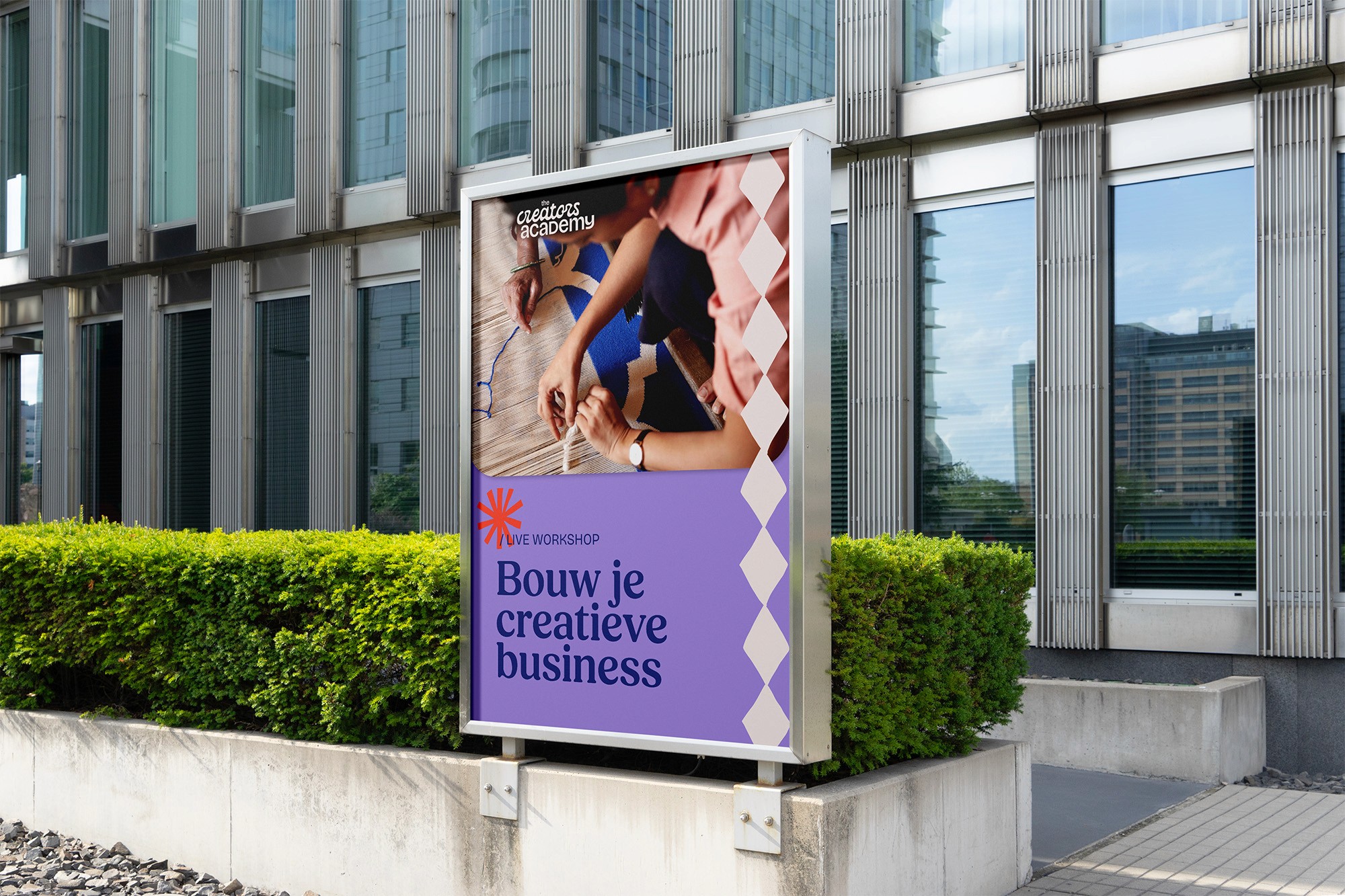 Poster design, purple with fun brand patterns and strong color combination for educational platform in belgium, unique brand design